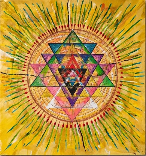 Colorful geometric mandala with overlapping triangles and circles, radiating outwards with green, yellow, red, purple, and black lines on a yellow background.
