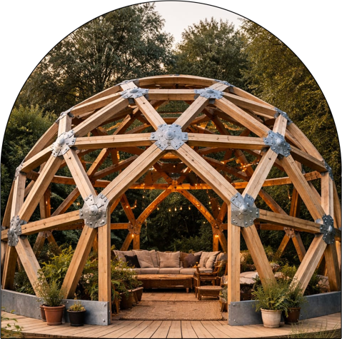 Outdoor wooden geodesic dome with seating area and potted plants, set against trees at sunset.