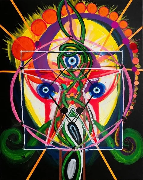 Abstract kunstwerk met geometrische vormen, levendige kleuren en centrale spirale