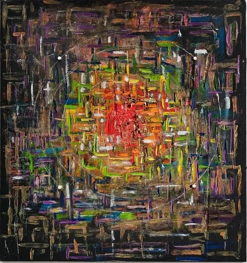 Abstract schilderij met heldere kleuren zoals rood, geel, groen en paars, met grote penseelstreken en een donkere achtergrond.