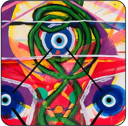 Abstract schilderij van Erik Visser waarin kleur, geometrie en organische vormen samenkomen in een origineel kunstwerk.