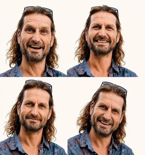 Vier portretten van dezelfde man met lange haar, een baard en een bril, elk met verschillende gezichtsuitdrukkingen, tegen een witte achtergrond.