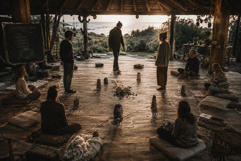 Mensen zitten in een cirkel in een houten openluchtruimte bij zonsondergang, met stenen en planten in het midden, en een zwart bord met tekst aan de linkerzijde.