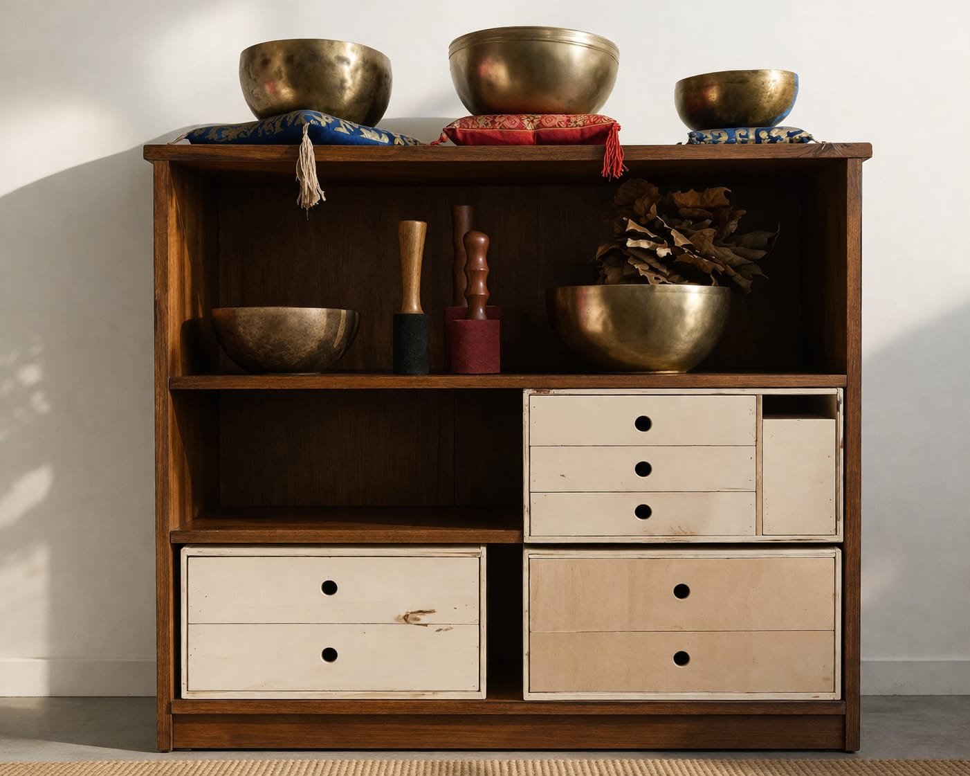 Een houten kast met gouden meditatiebellen en houten kloppers op de bovenste plank, en vergulde en houten meditatiebellen op de middelste plank, alle geplaatst op kleurrijke kussens. Onder de planken bevinden zich schuifladen.