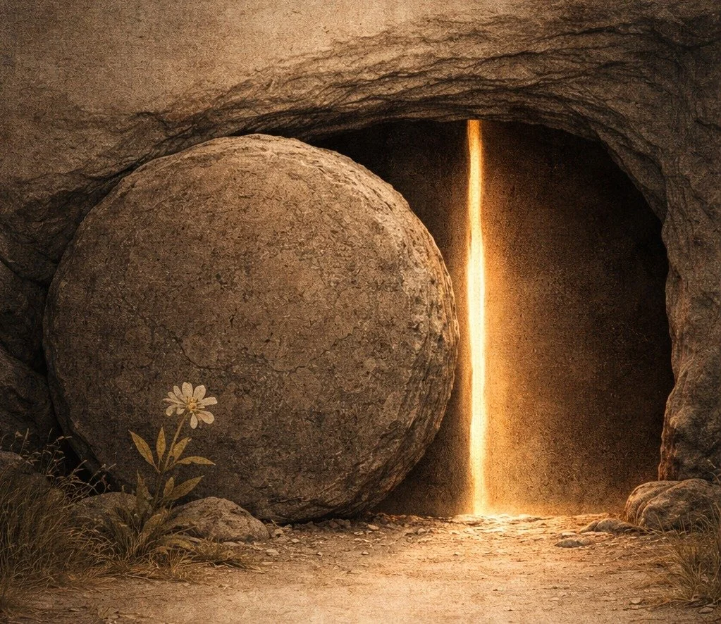Een grote rots in een grot met een smalle lichte scheur in de rotswand die een gouden lichtstraal naar binnen laat schijnen.