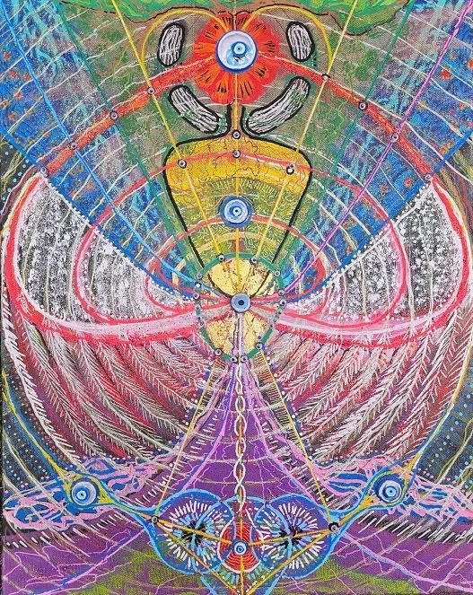 Een kleurrijk abstract kunstwerk met geometrische vormen, lijnen, en patronen die lijken op een symmetrische structuur of mandala, met oog-achtige elementen erin verwerkt.