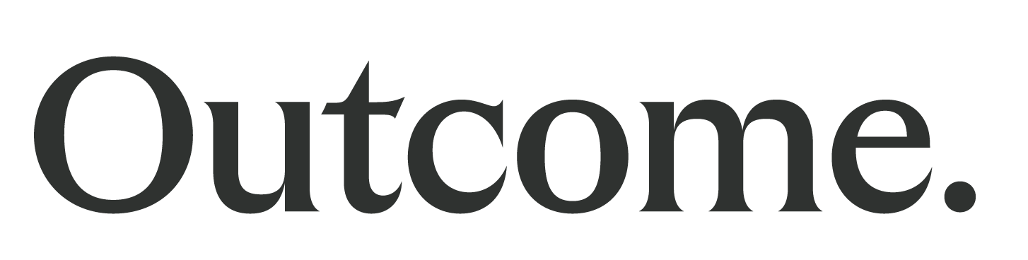A black and gray word cloud with the word 'Outcome' prominently displayed in large font.