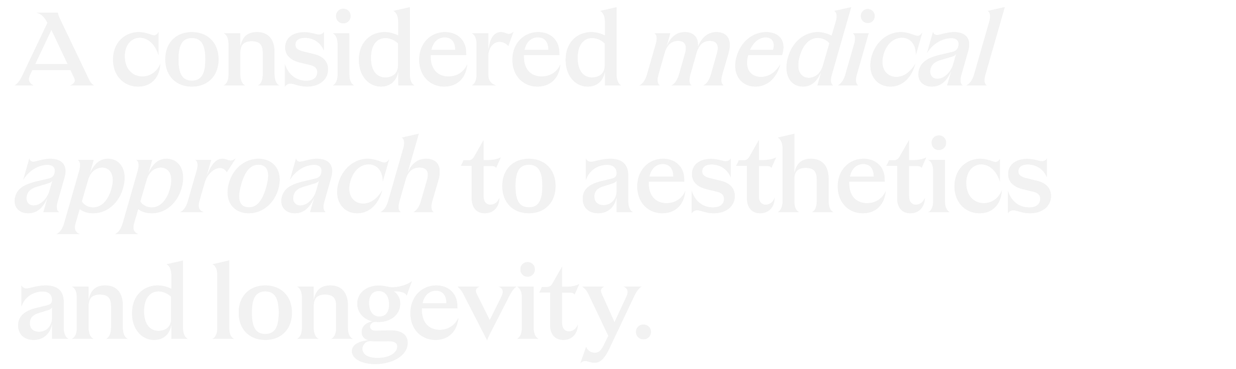 Text reading 'A considered medical approach to aesthetics and longevity' in gray font on black background.