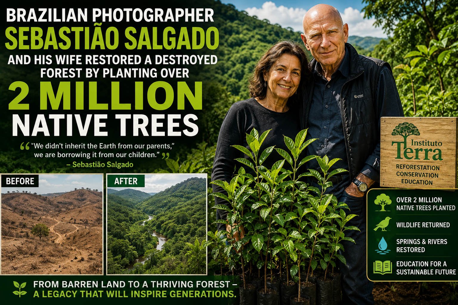 BRAZILIAN PHOTOGRAPHER SEBASTIÃO SALGADO AND HIS WIFE RESTORED A DESTROYED FOREST BY PLANTING OVER TWO MILLION NATIVE TREES