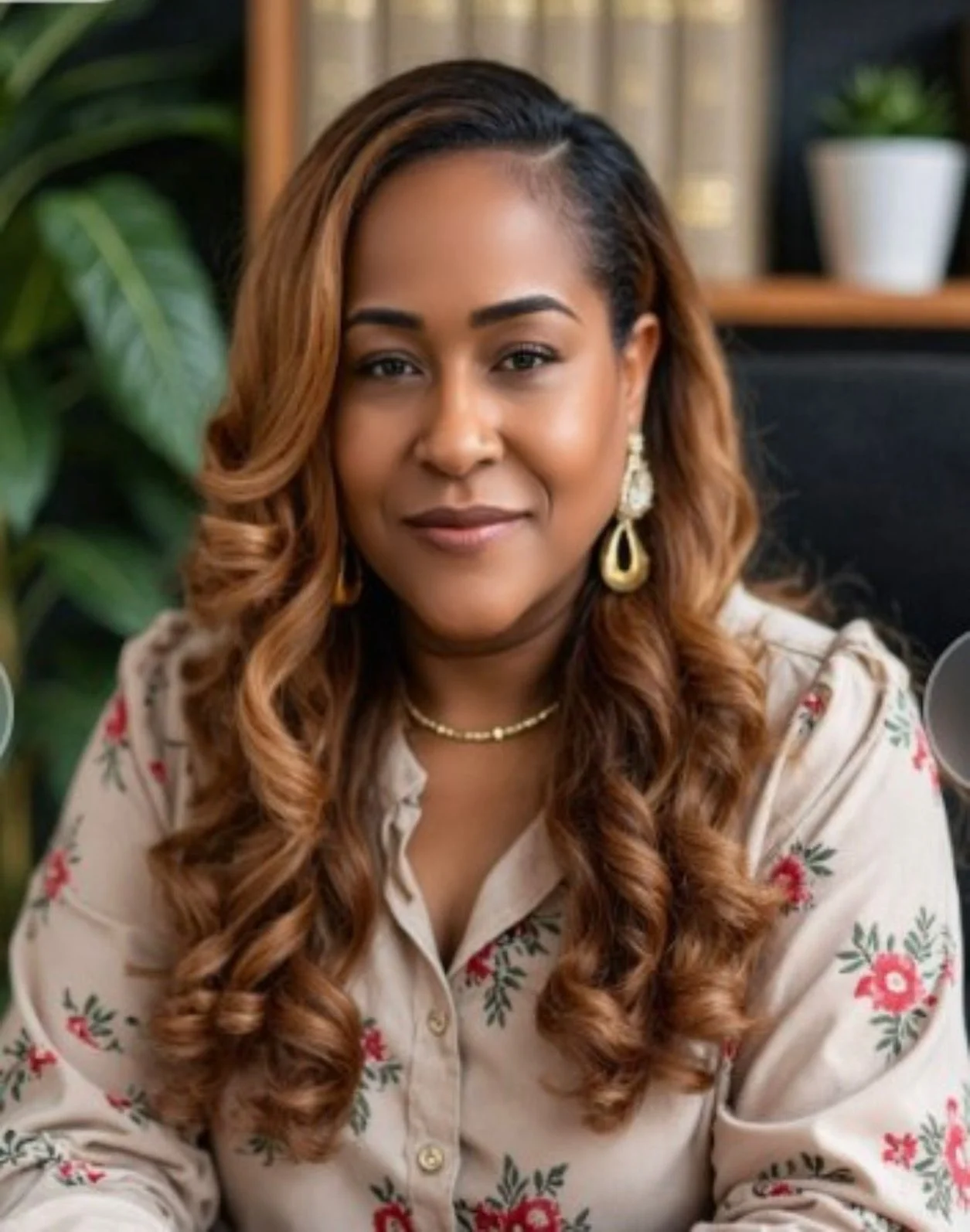 A woman with brown hair styled in curls, wearing earrings and a floral blouse, sitting indoors with a bookshelf and plants in the background.