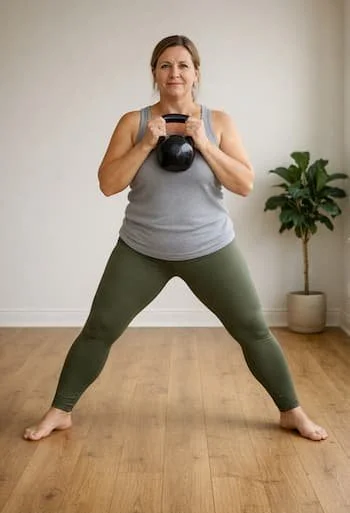 Woman in a wide sumo stance holding a kettlebell in a goblet hold