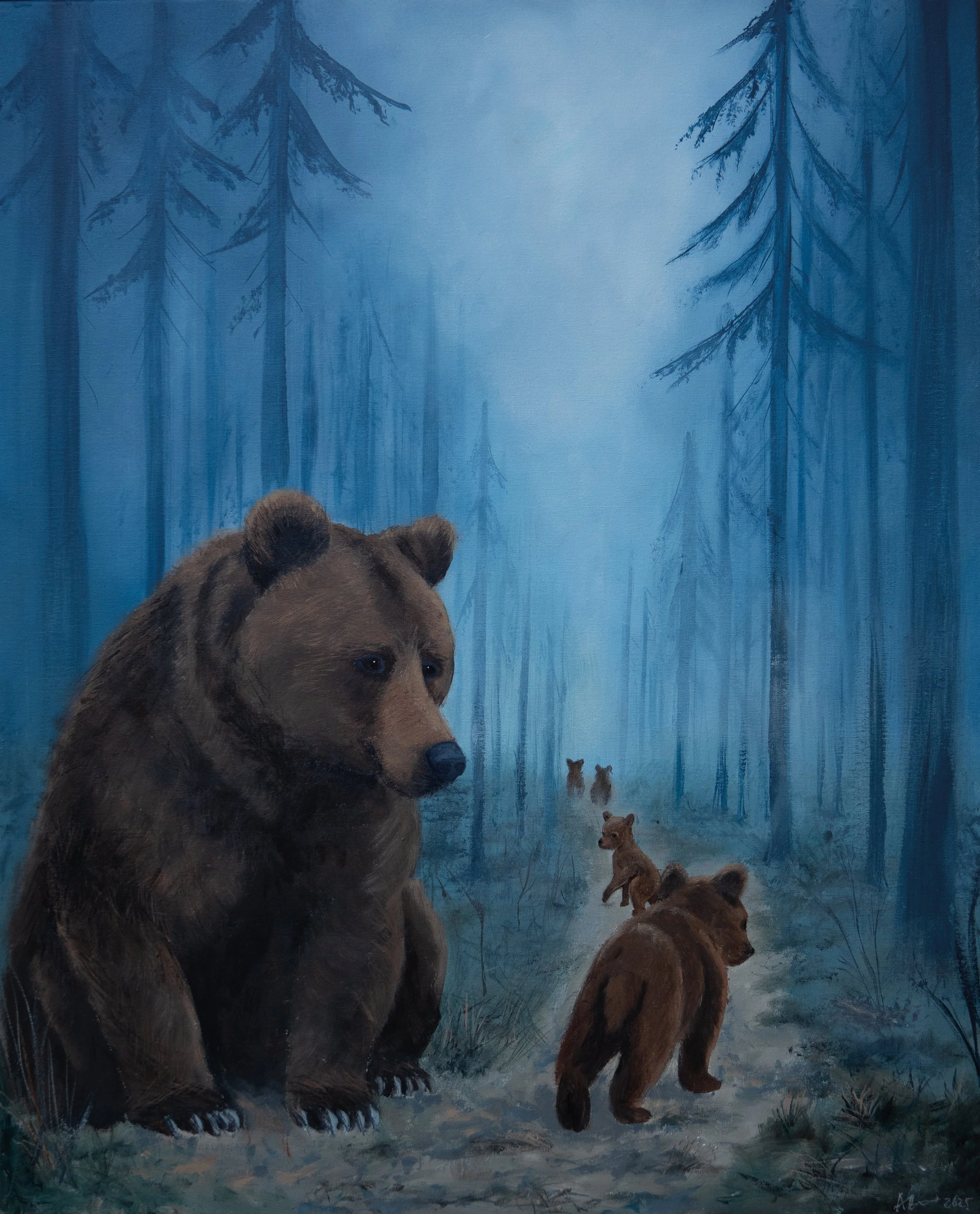 Karhuemo ja pennut sinisessä metsämaisemassa, Anu Karmitsan akryylimaalaus Luopumisen tuska.