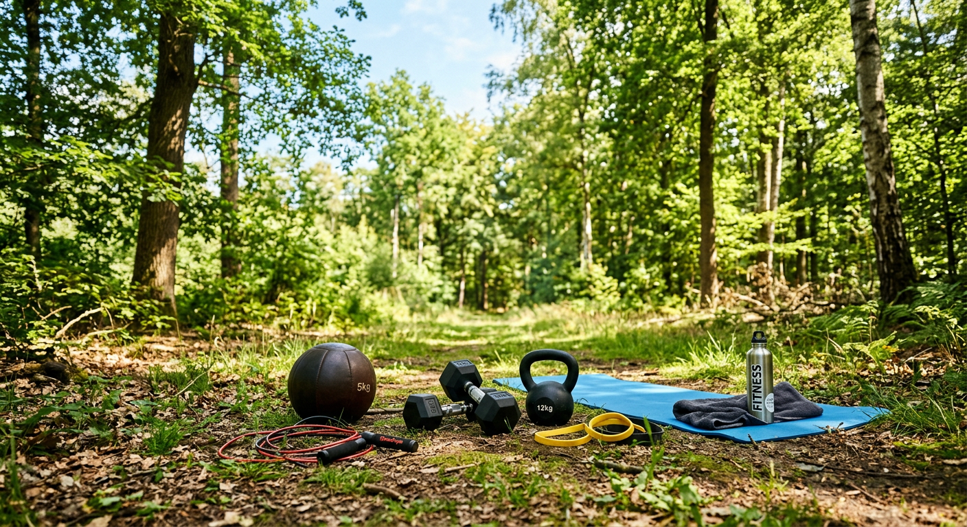 Fitness-Workout-Set im Wald mit Gymgeräten, Hanteln, einer Yogamatte, Wasserflasche, Springseil, Medizinball, und Sportkleidung, umgeben von grünen Bäumen.