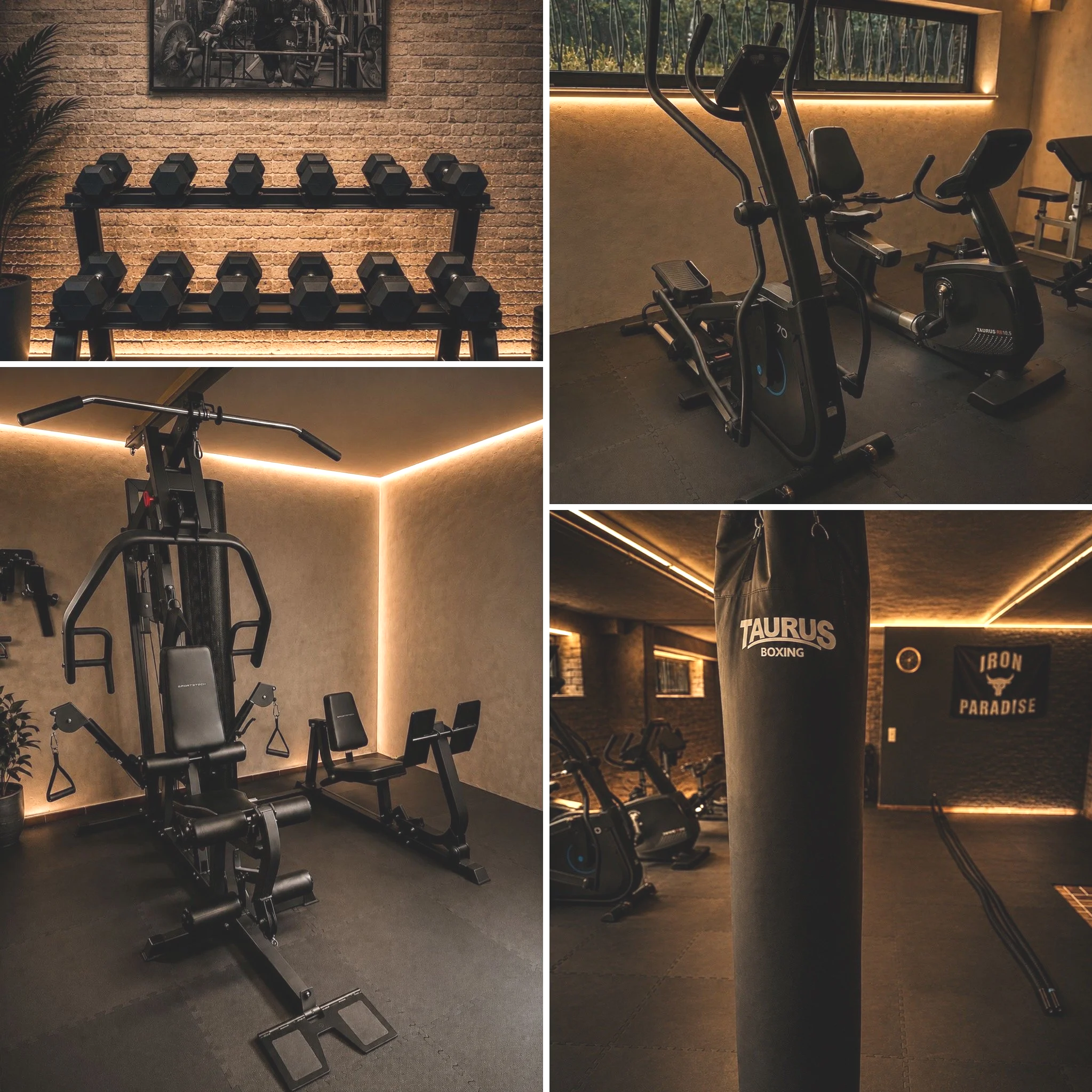 Fitnessstudio mit Hanteln, Kraftgerät und Fahrradergometer, beige Wände mit Beleuchtung, Plakate an der Wand, gemütliche Atmosphäre.