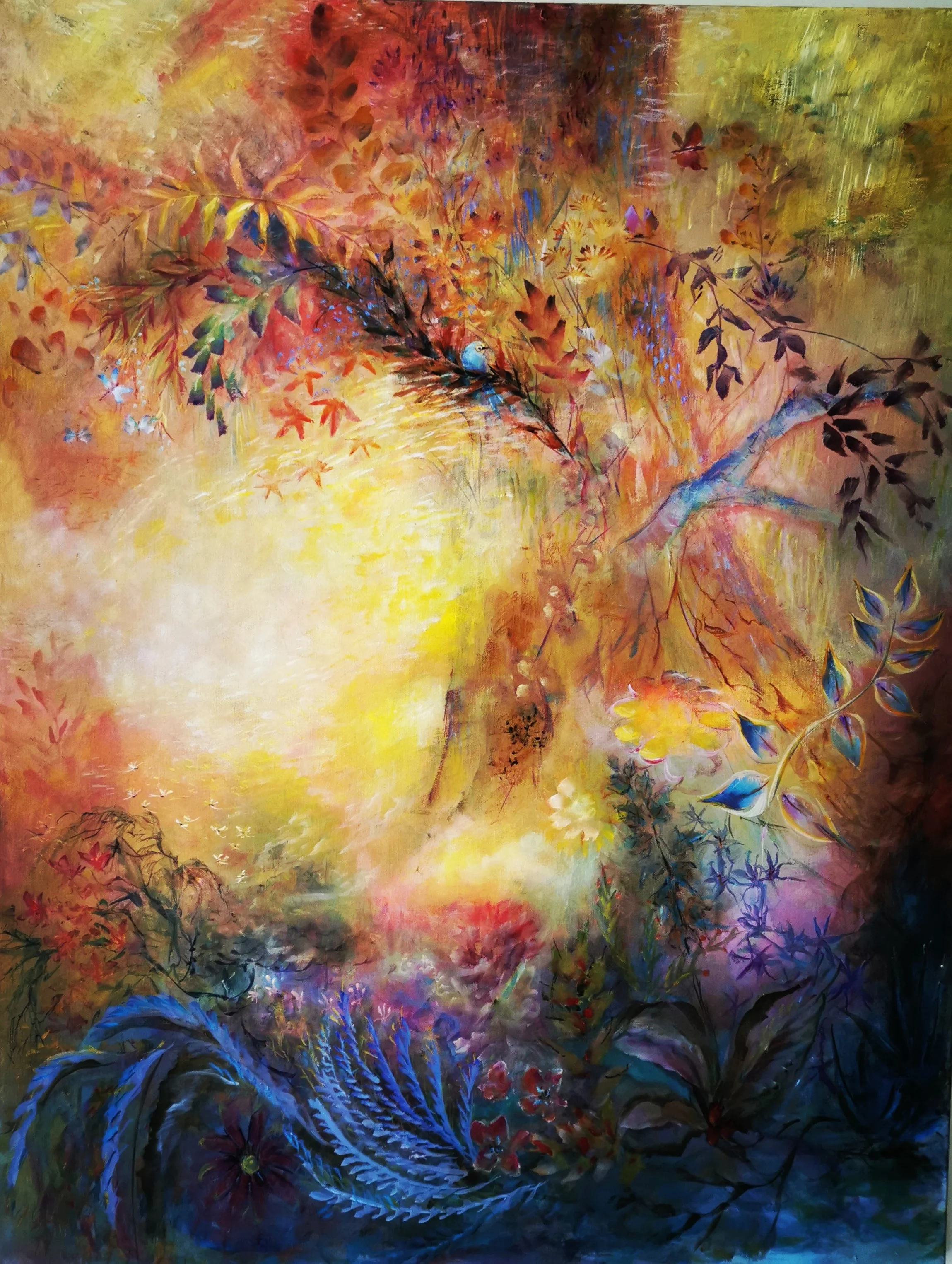 Peinture colorée d’un arbre aux feuilles éclatantes, symbole de découverte et d’imaginaire, illustrant l’univers littéraire de N.L.LANDOR.