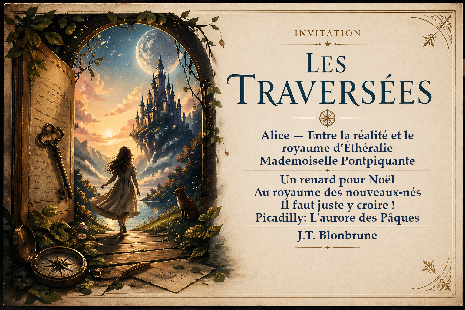 Invitation pour un événement fantastique avec une illustration de château, une jeune fille et un renard, thème de conte de fées.