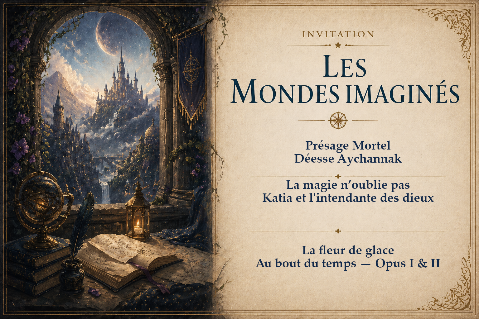 Invitation aux mondes imaginés avec un décor de château magique vu d'une fenêtre, chandelle, globe, livres et plumes, et texte en français évoquant un présage mortel, la magie, et la fleur de glace.