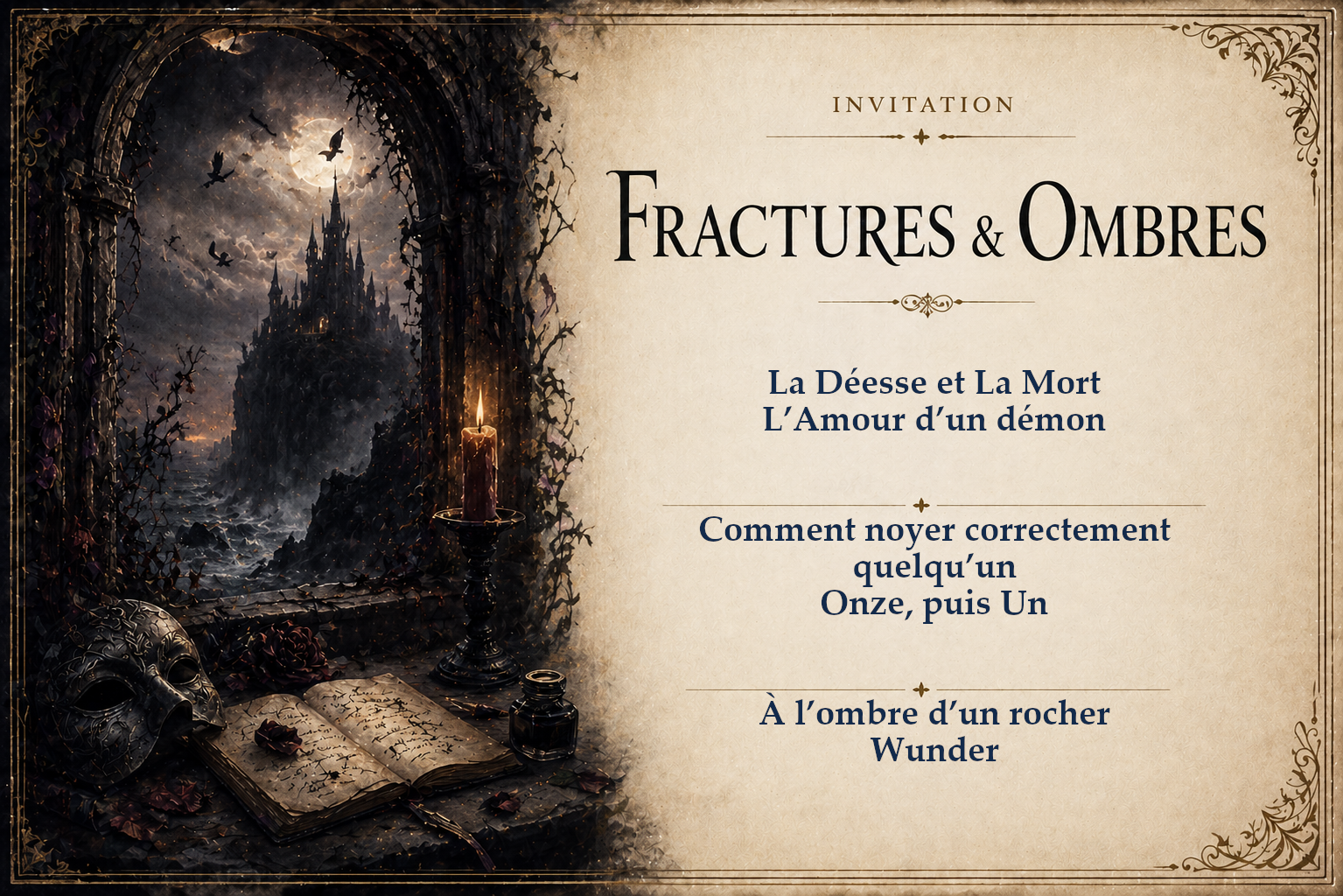 Une invitation à un événement sur le thème des fractures et ombres, avec un décor gothique comprenant une lune pleine, un château, une bougie allumée, un masque de théâtre, un verre d'encre et un livre ancien, dans un cadre mystérieux et sombre