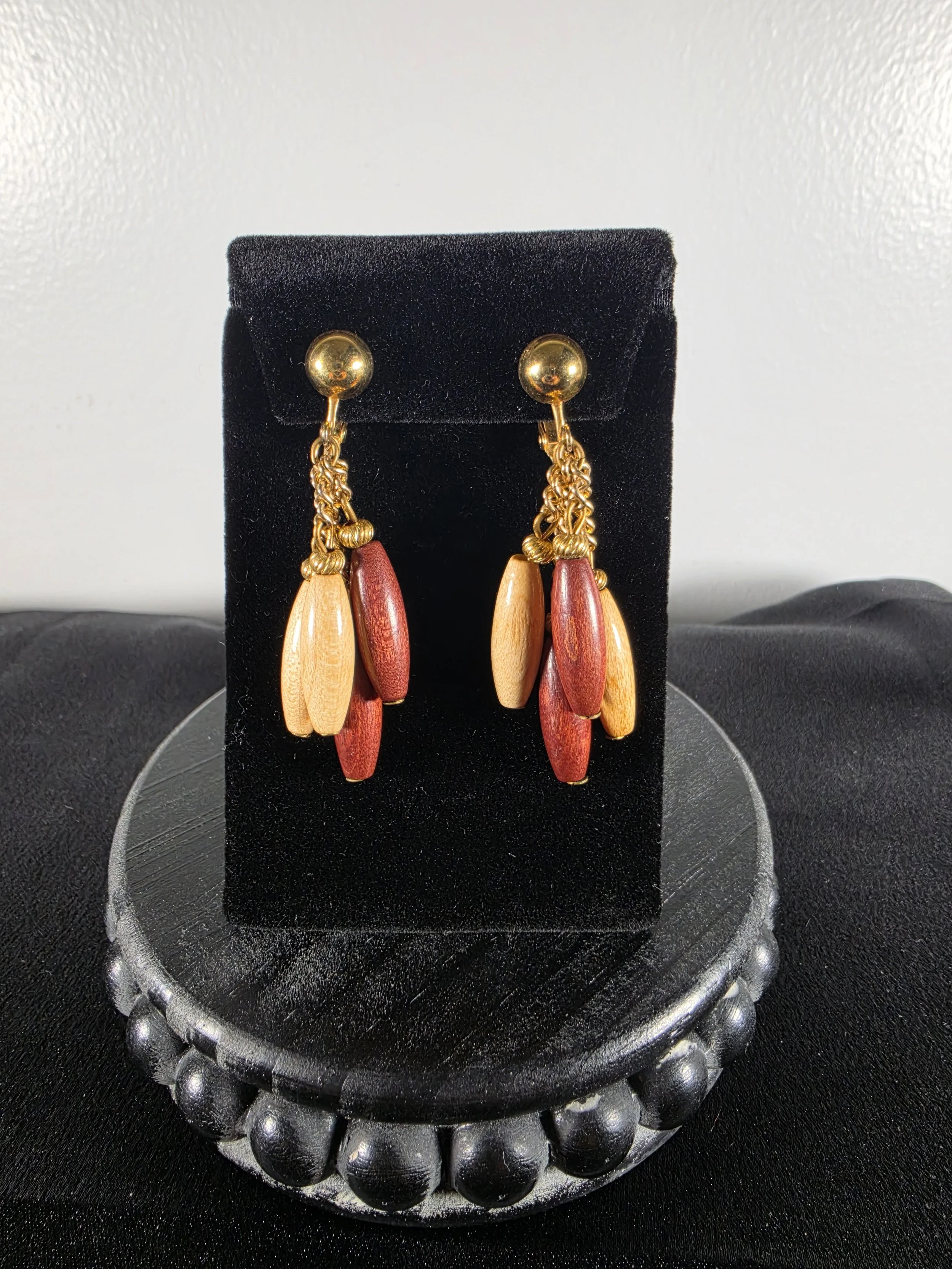 Vintage Wood Bead Tassel Clip-On Earrings