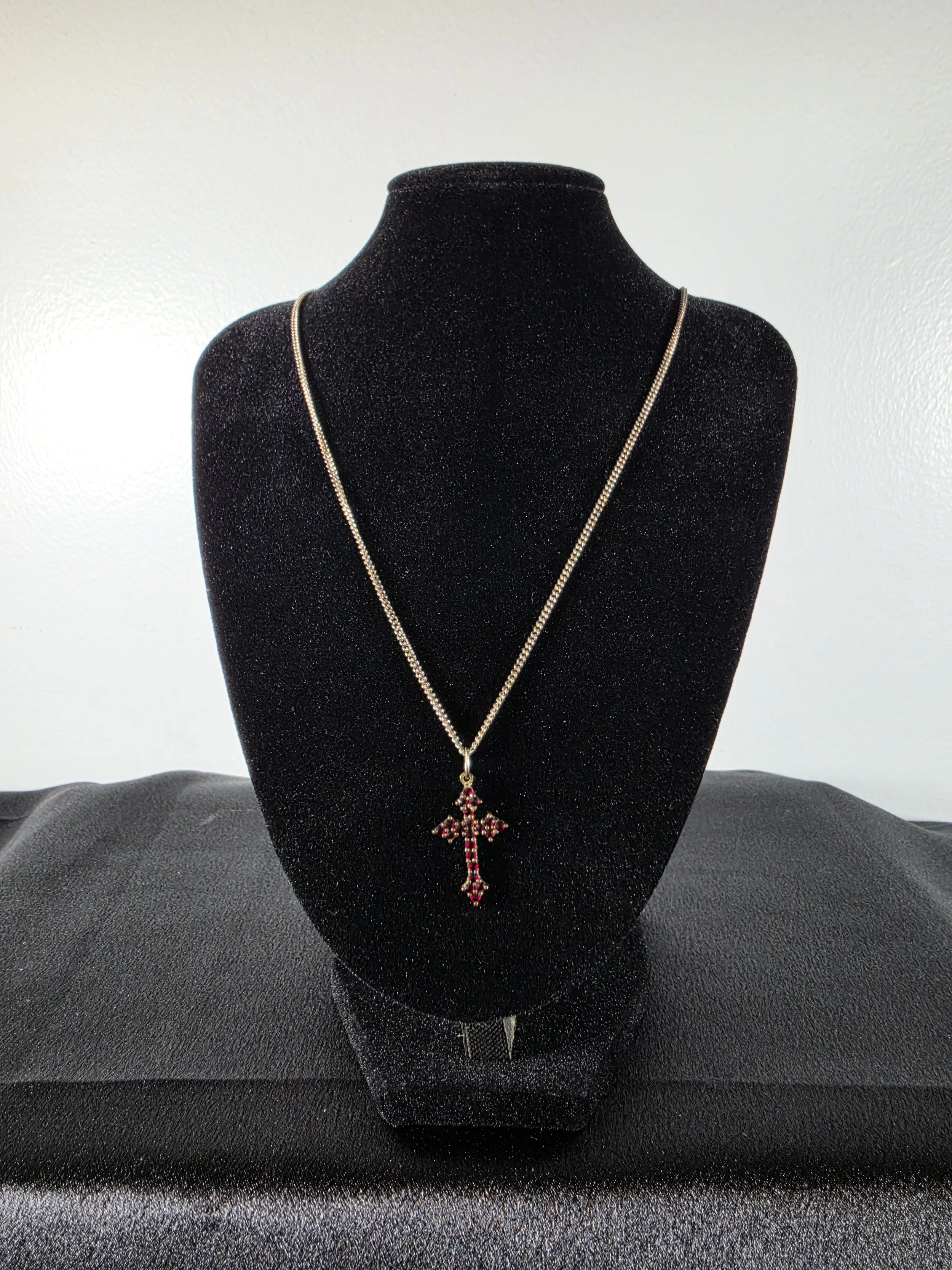 Vintage Garnet Red Rhinestone Cross Pendant Necklace