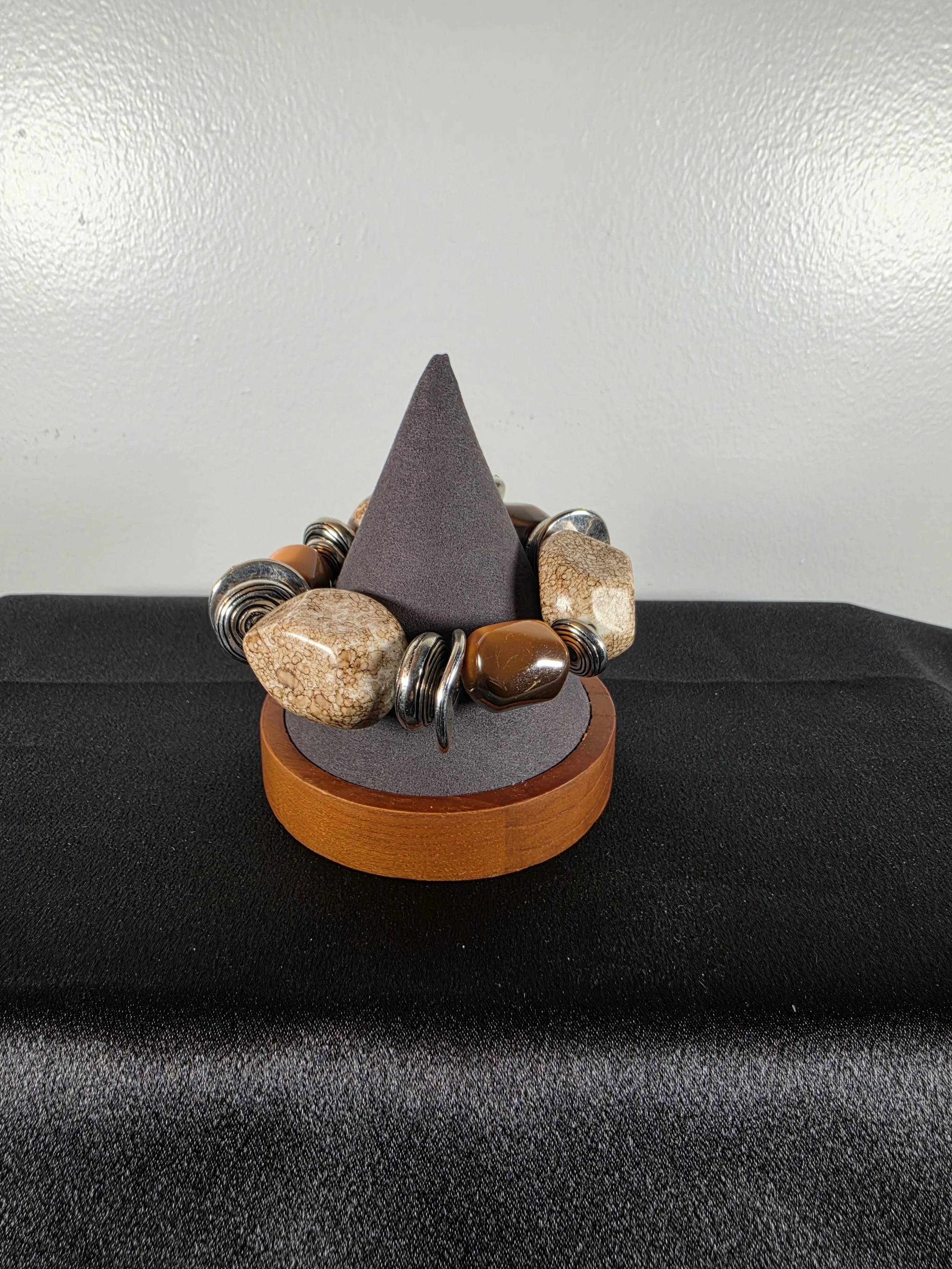 Chunky Stretch Statement Bracelet | Natural Stone Look Beads | Silver Tone Modern Bracelet