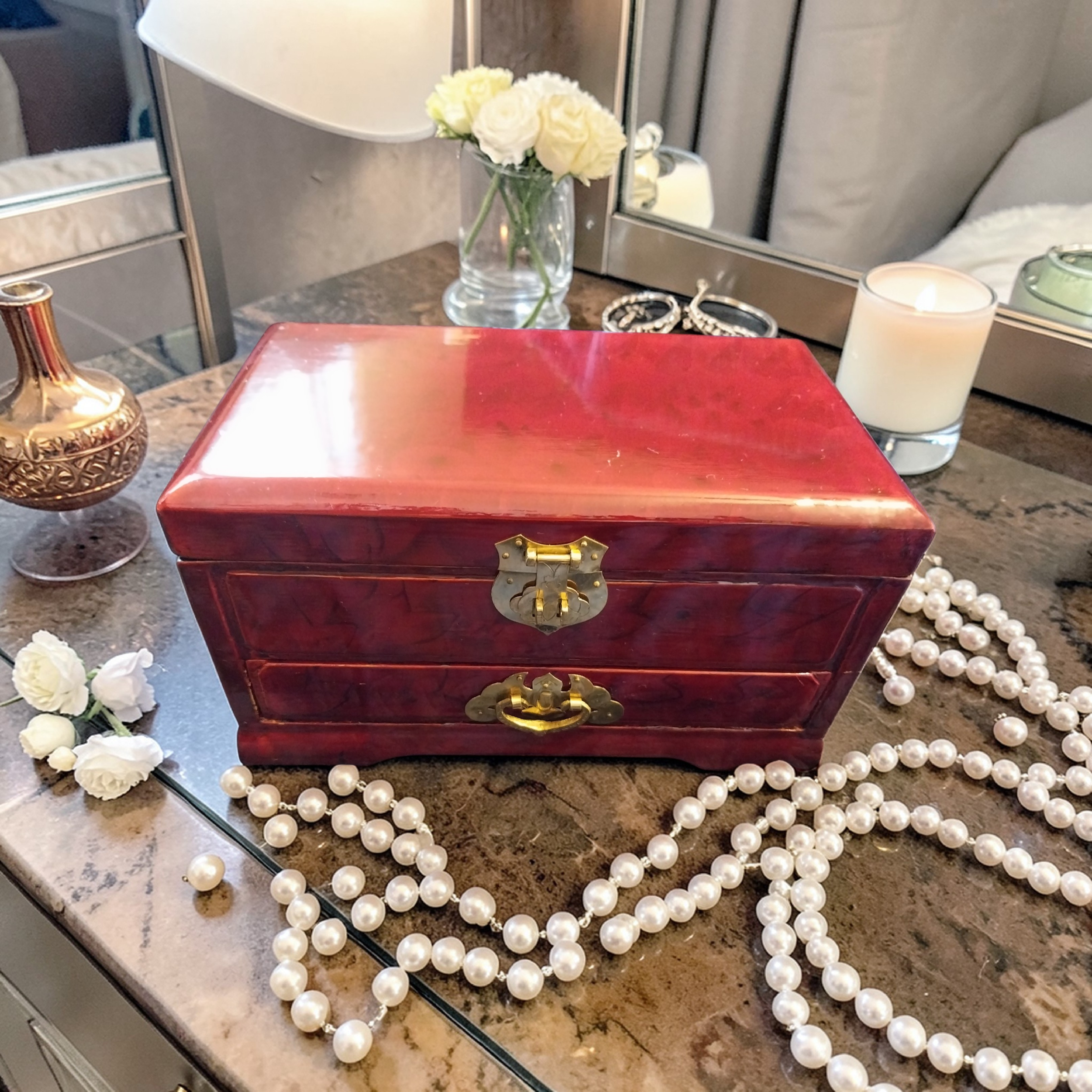 Vintage Chinese Red Lacquer Jewelry Box with Brass Hardware & Lift-Out Tray
