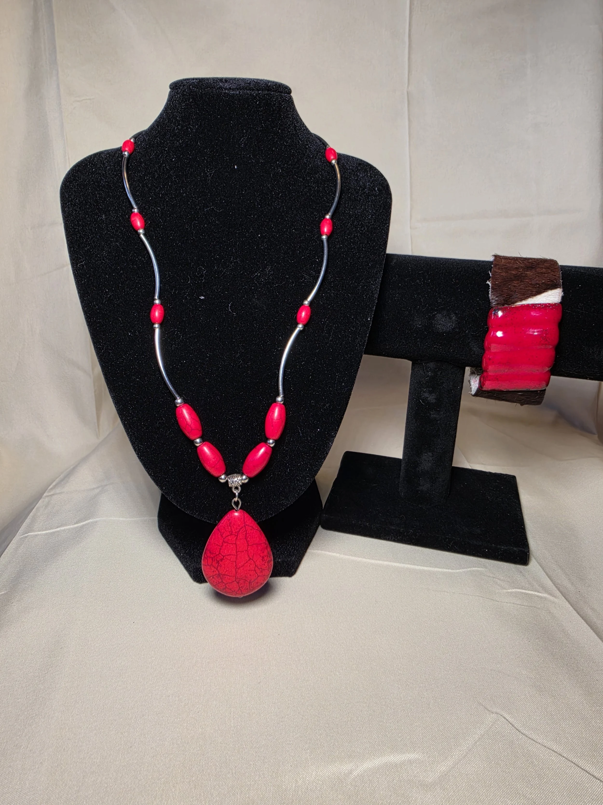 Bold Red Statement Necklace + Matching Bracelet — Teardrop Pendant Set with Beaded Detail