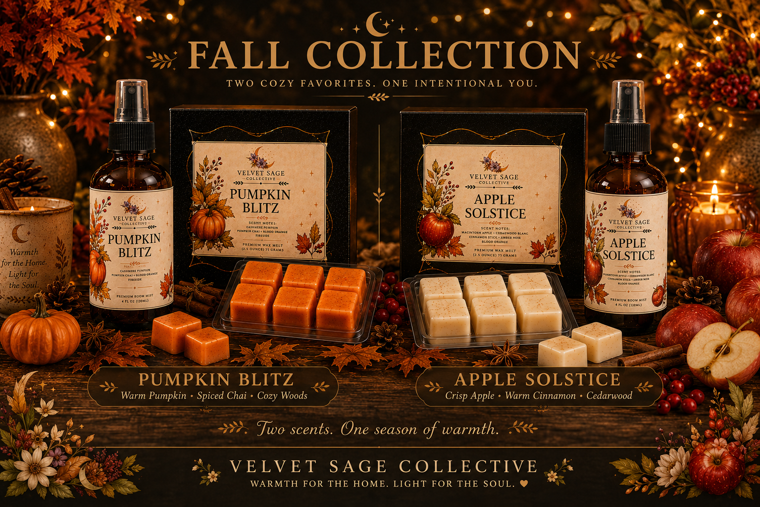 Display of fall-themed scented wax melts from Velvet Sage Collective, including Pumpkin Blitz with warm pumpkin, spiced chai, cozy woods, and Apple Solstice with crisp apple, warm cinnamon, and cedarwood, surrounded by pumpkins, apples, cinnamon sticks, pinecones, and autumn leaves.