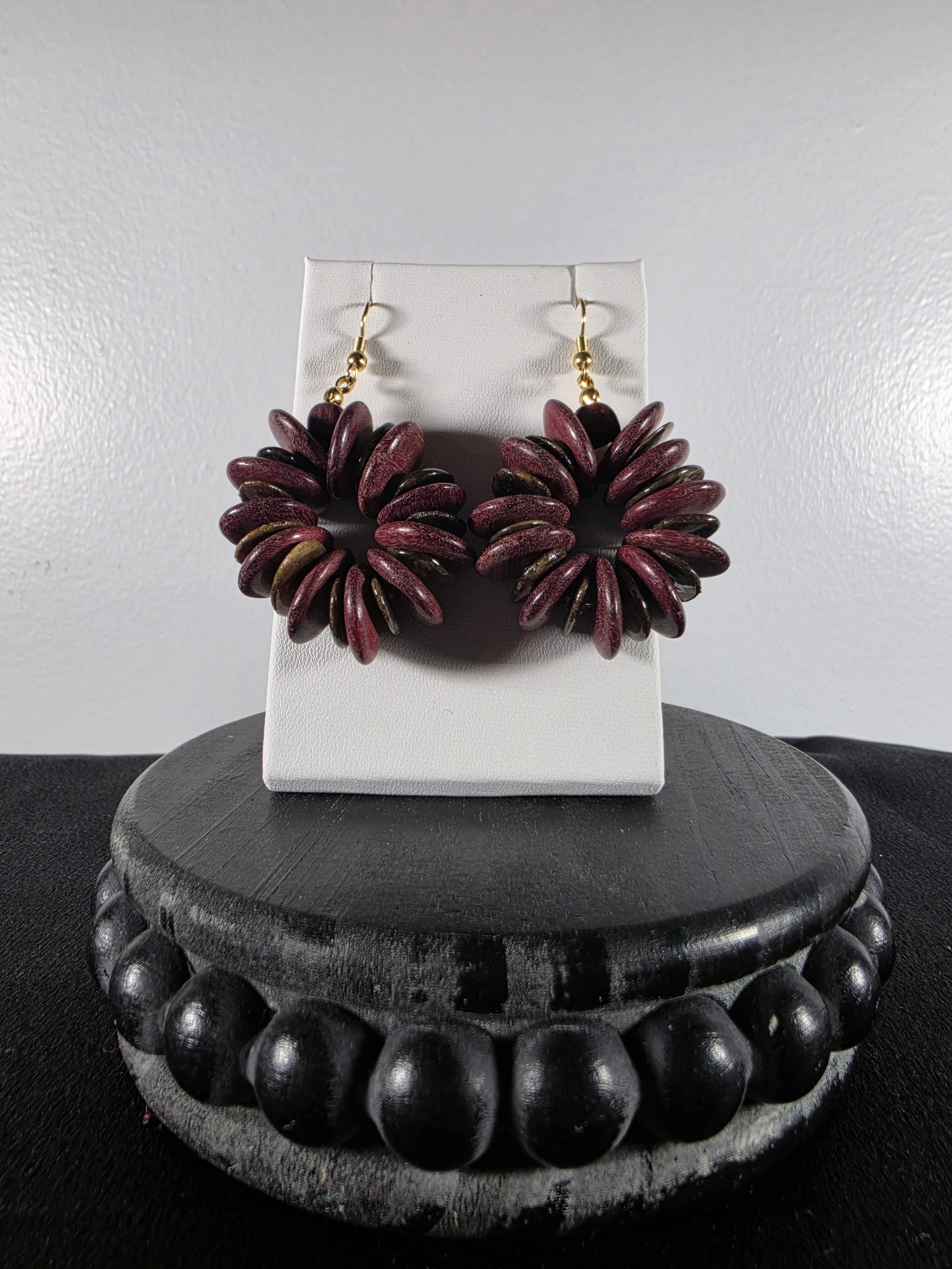 Boho Burgundy Wooden Flower Statement Earrings
