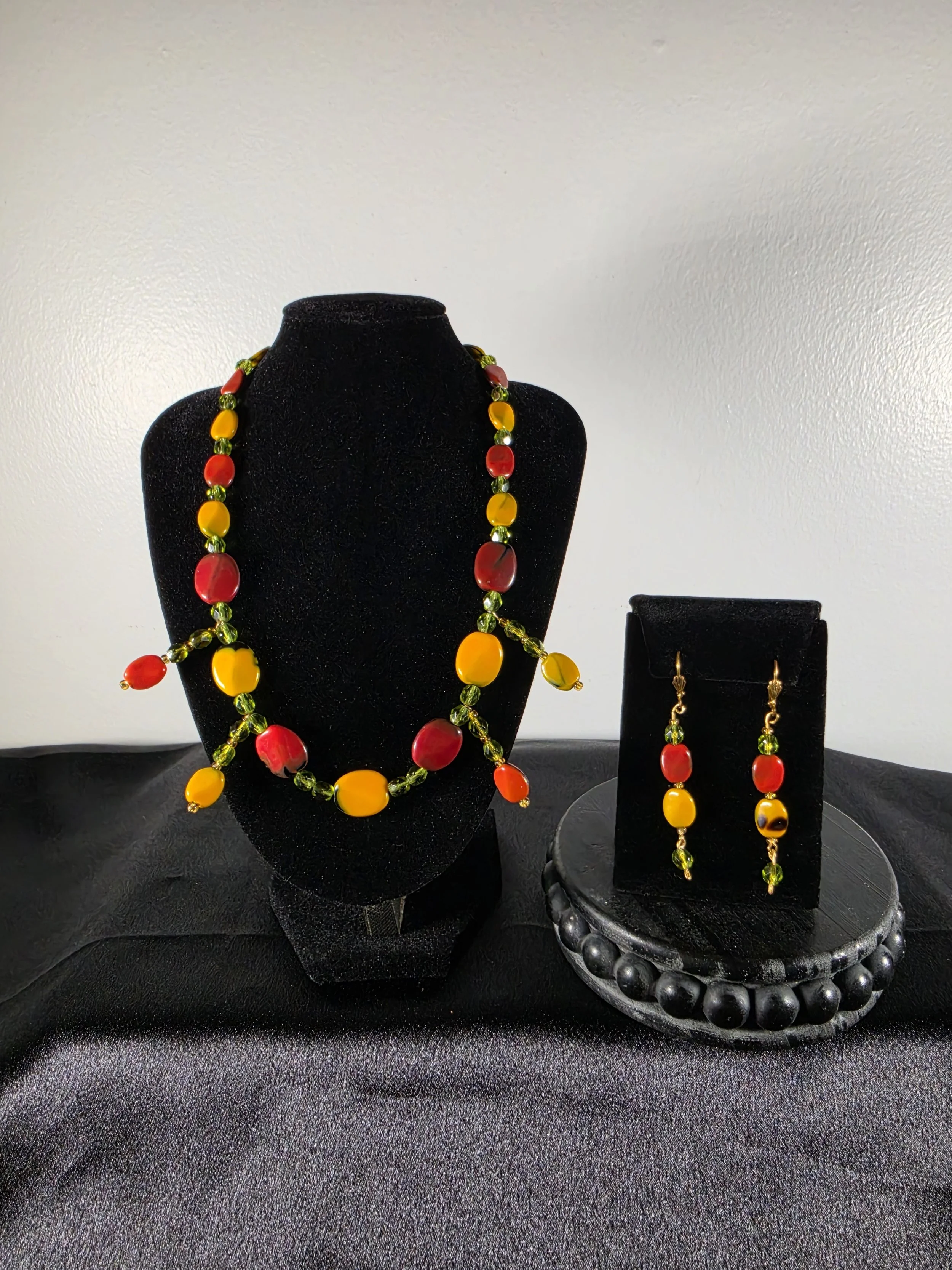 Boho Statement Necklace & Earring Set | Artisan Bead Jewelry | Sunset Citrus Colors