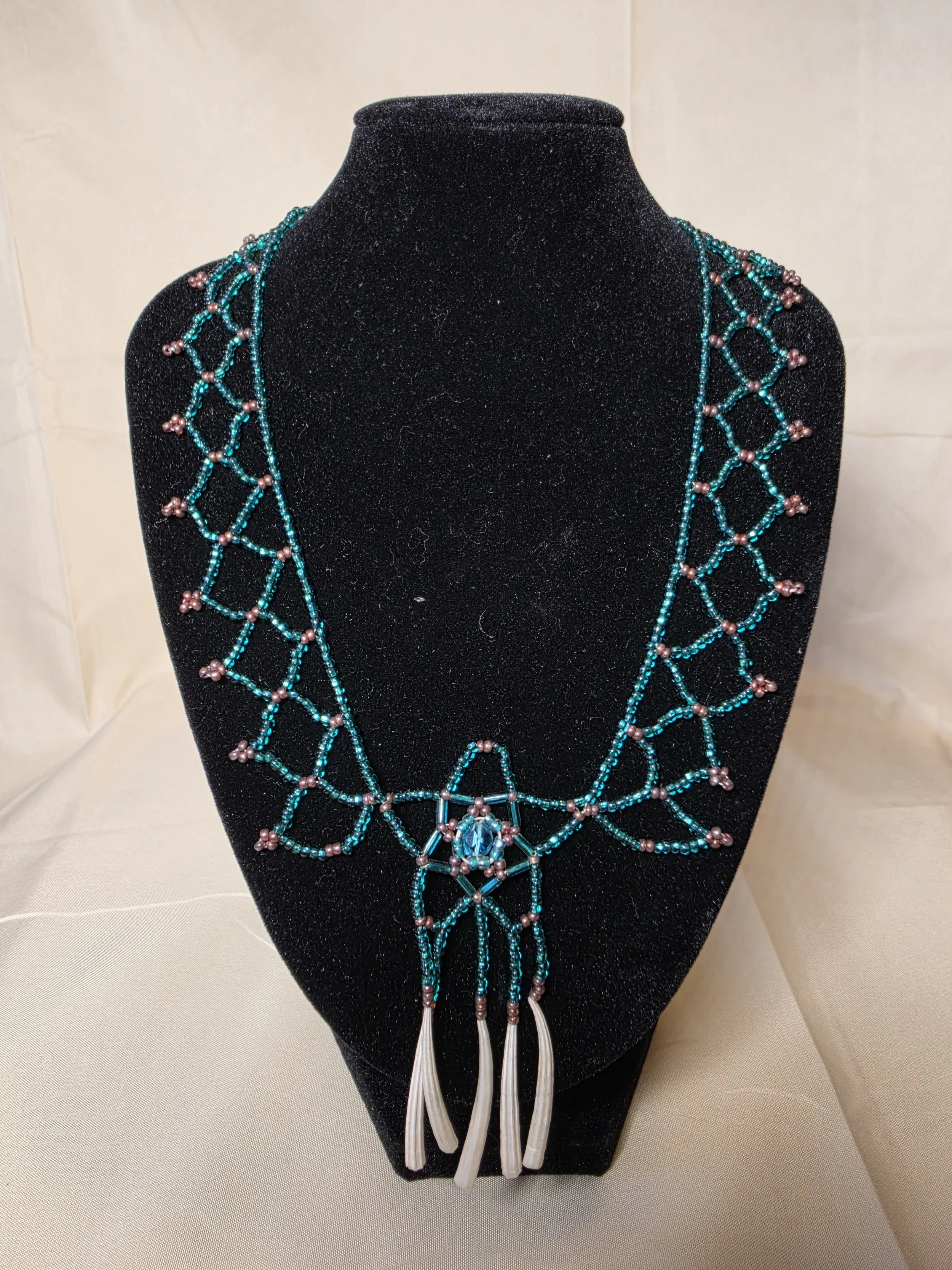 Turquoise Beaded Statement Necklace — Dreamcatcher Style Fringe Necklace with Crystal Center