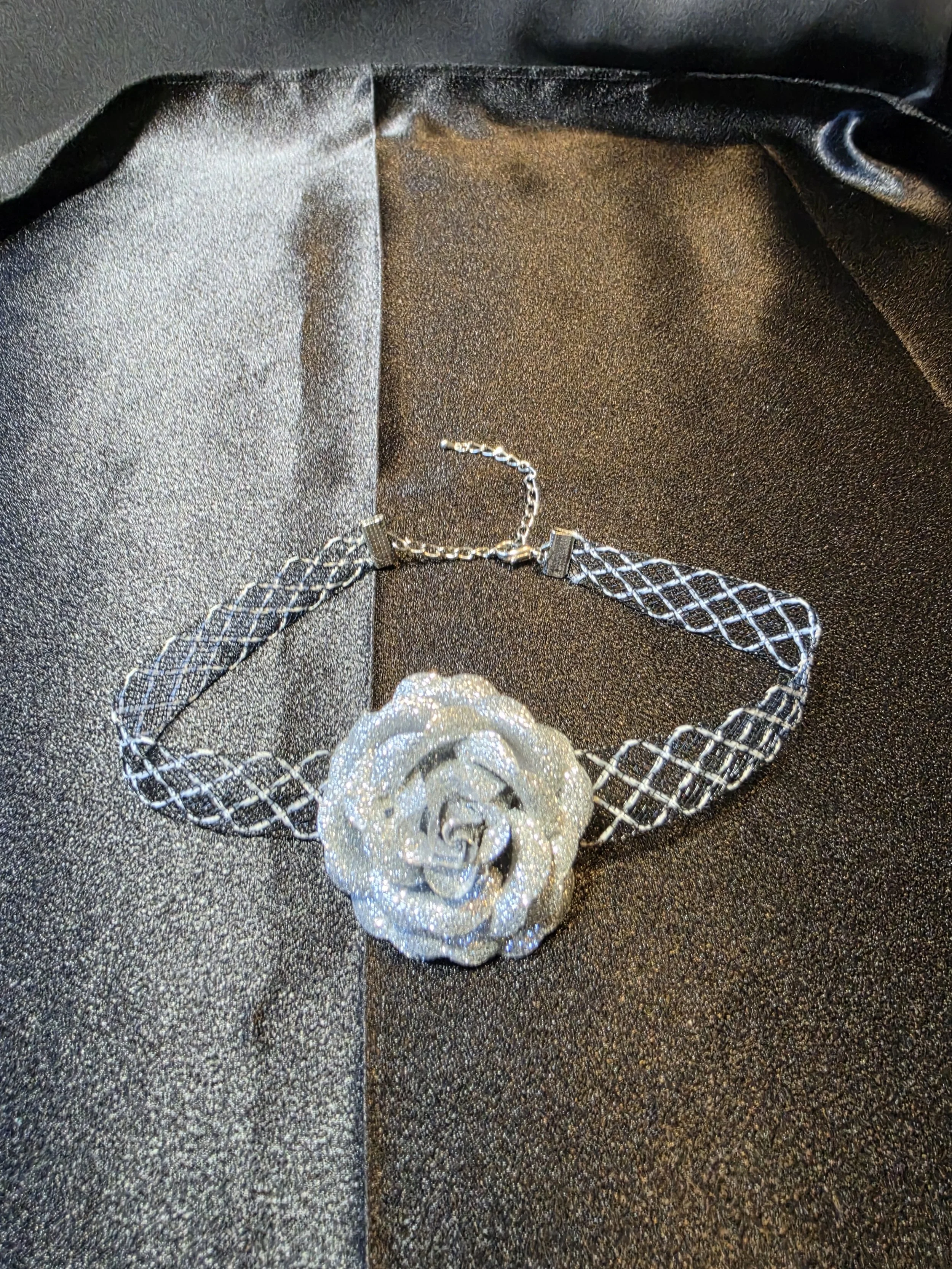 Silver Rose Mesh Choker Necklace