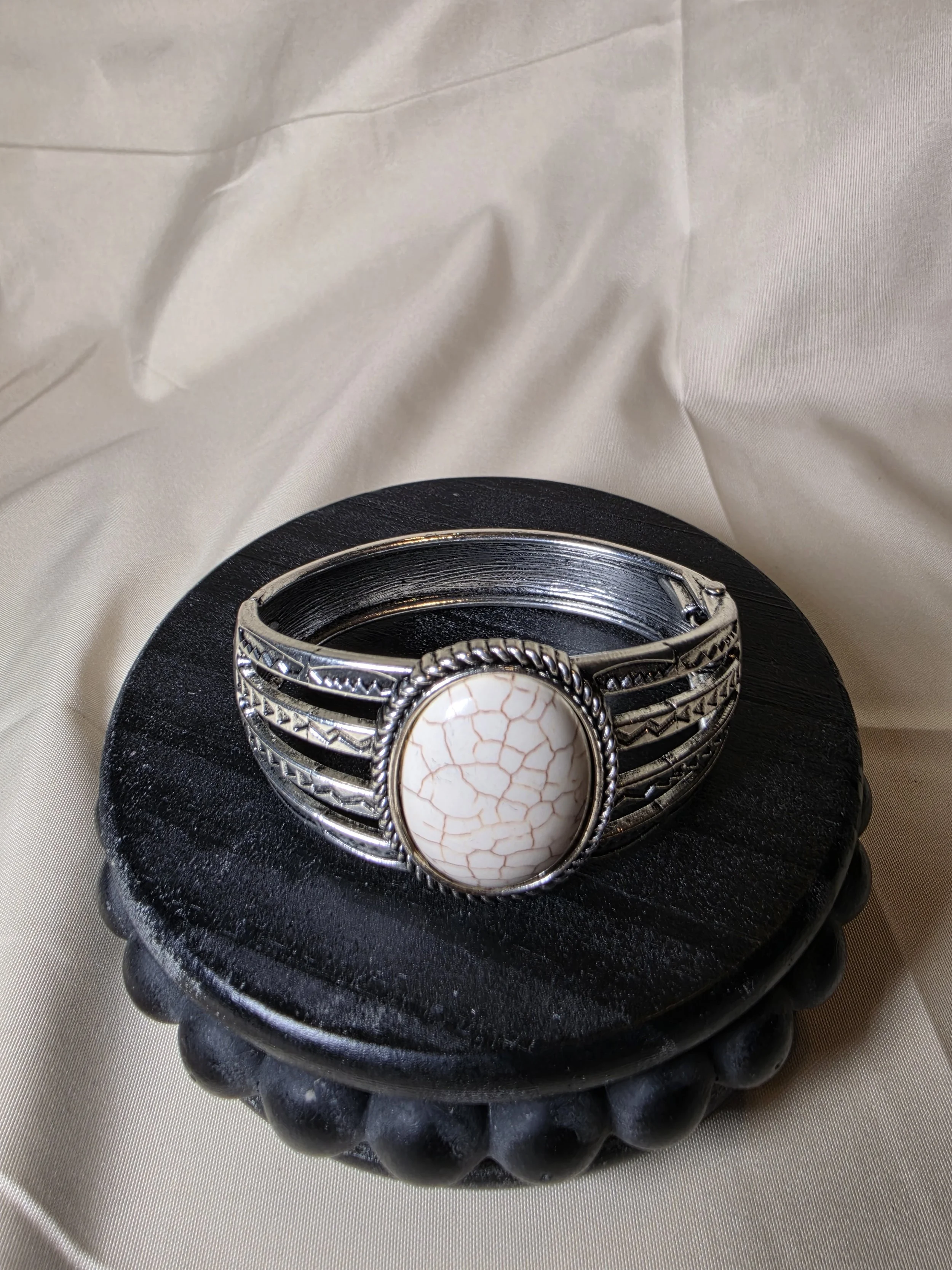 Silver Southwestern Cuff Bracelet with White Stone