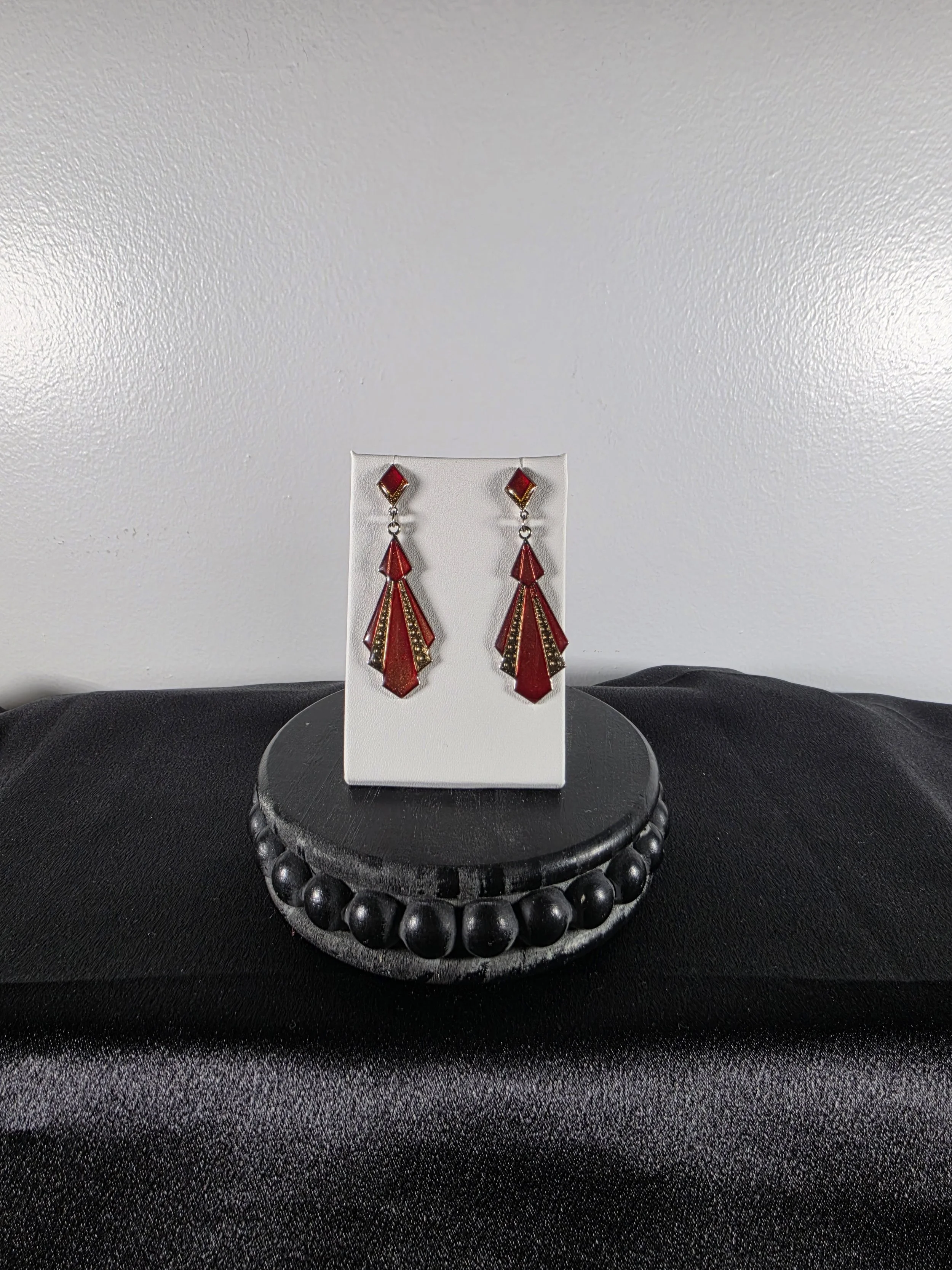 Vintage Art Deco Red Enamel Fan Drop Earrings