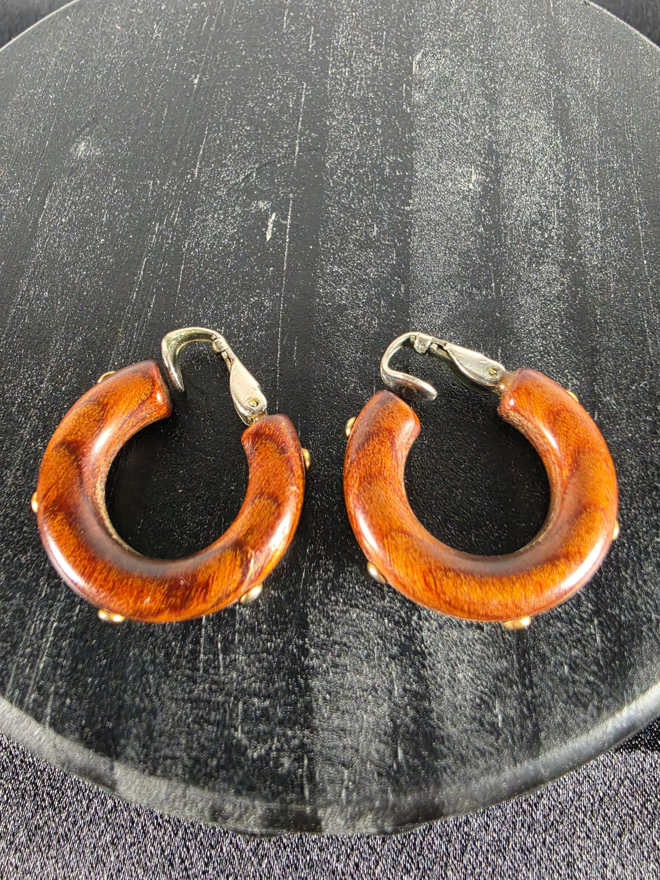 Rustic Wood Hoop Earrings with Brass Stud Accents