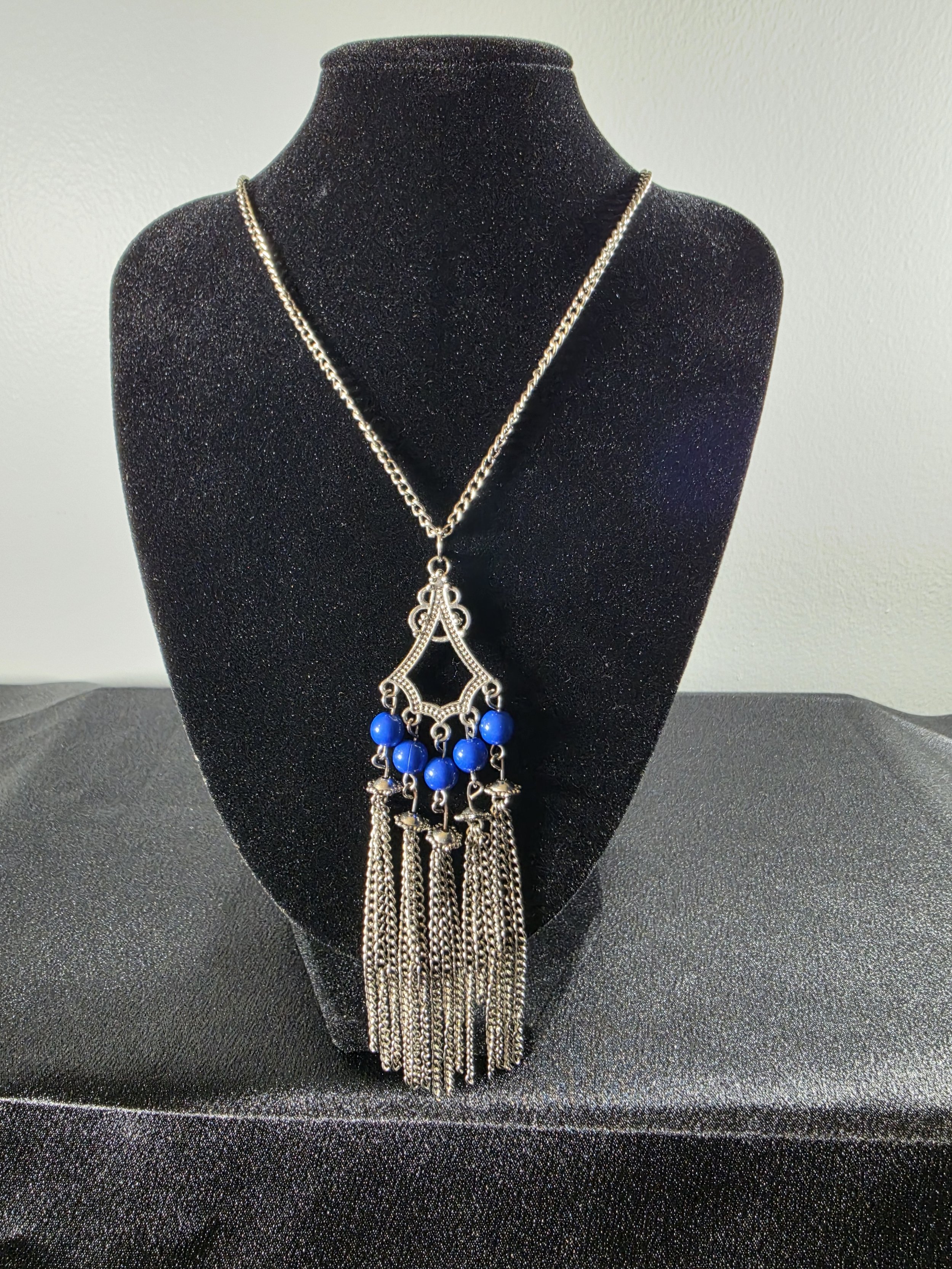 Silver Fringe Pendant Necklace with Blue Beads