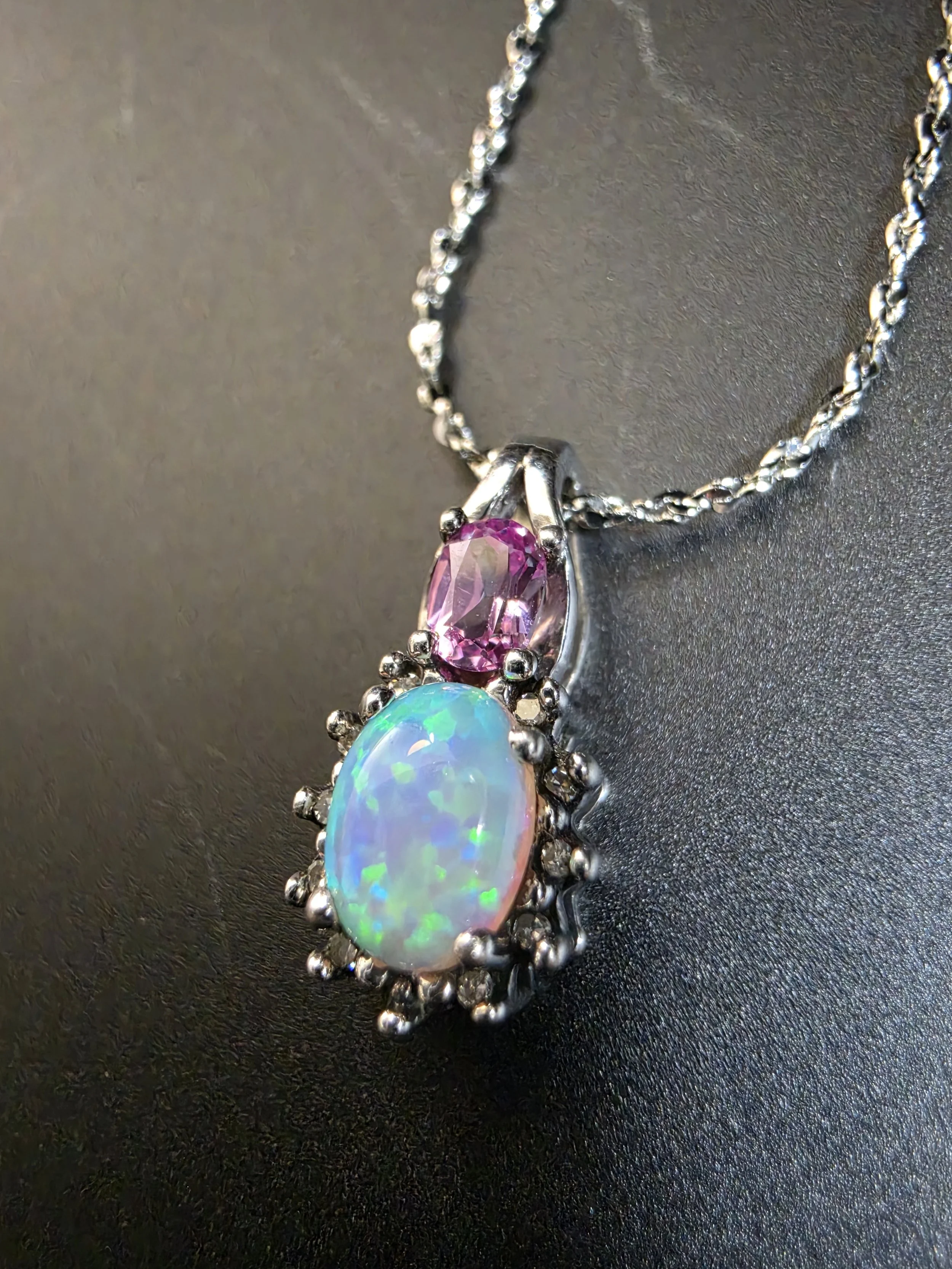 Real Opal & Pink Crystal Pendant Necklace