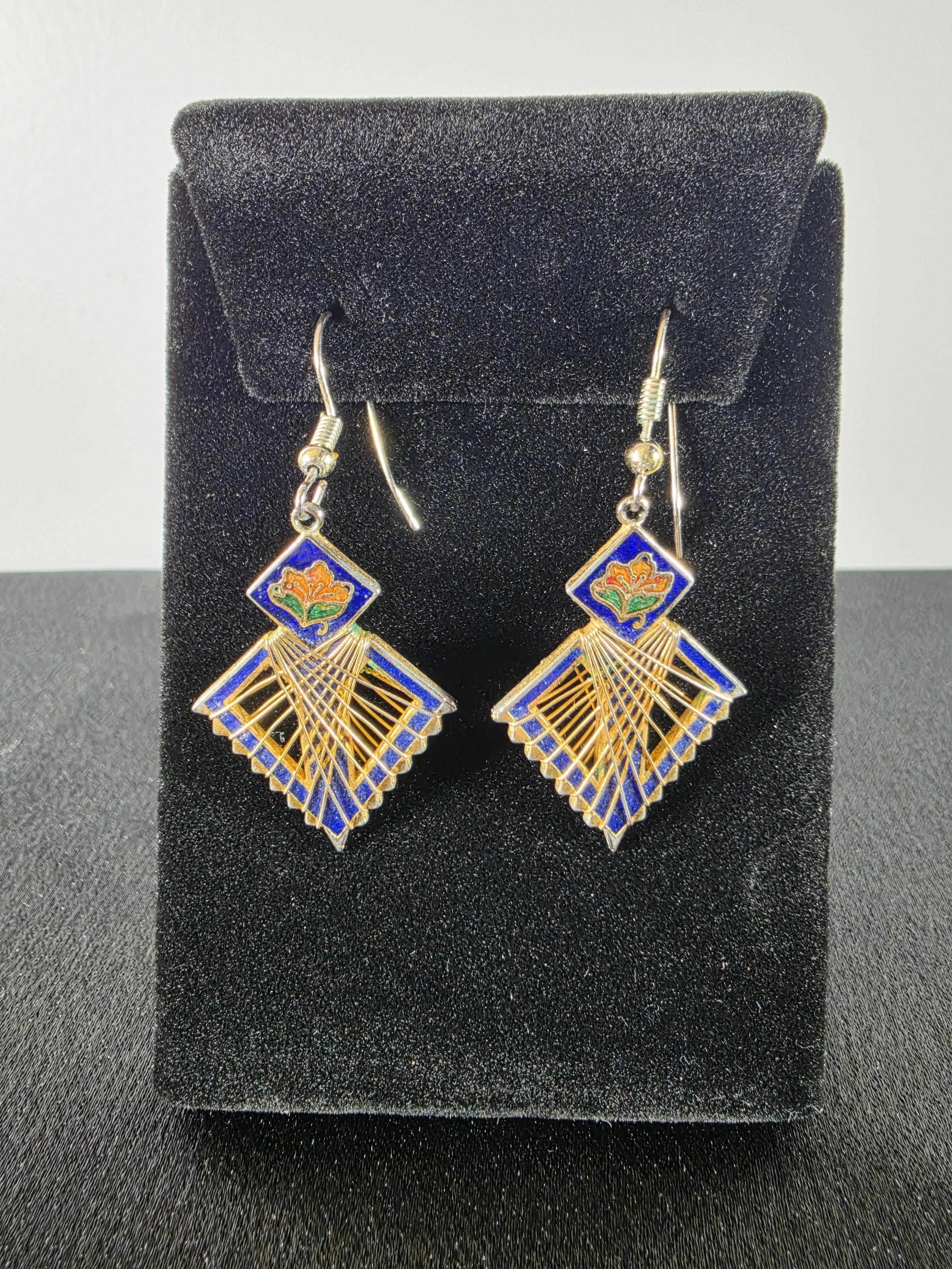 Vintage Cloisonné Fan Drop Earrings