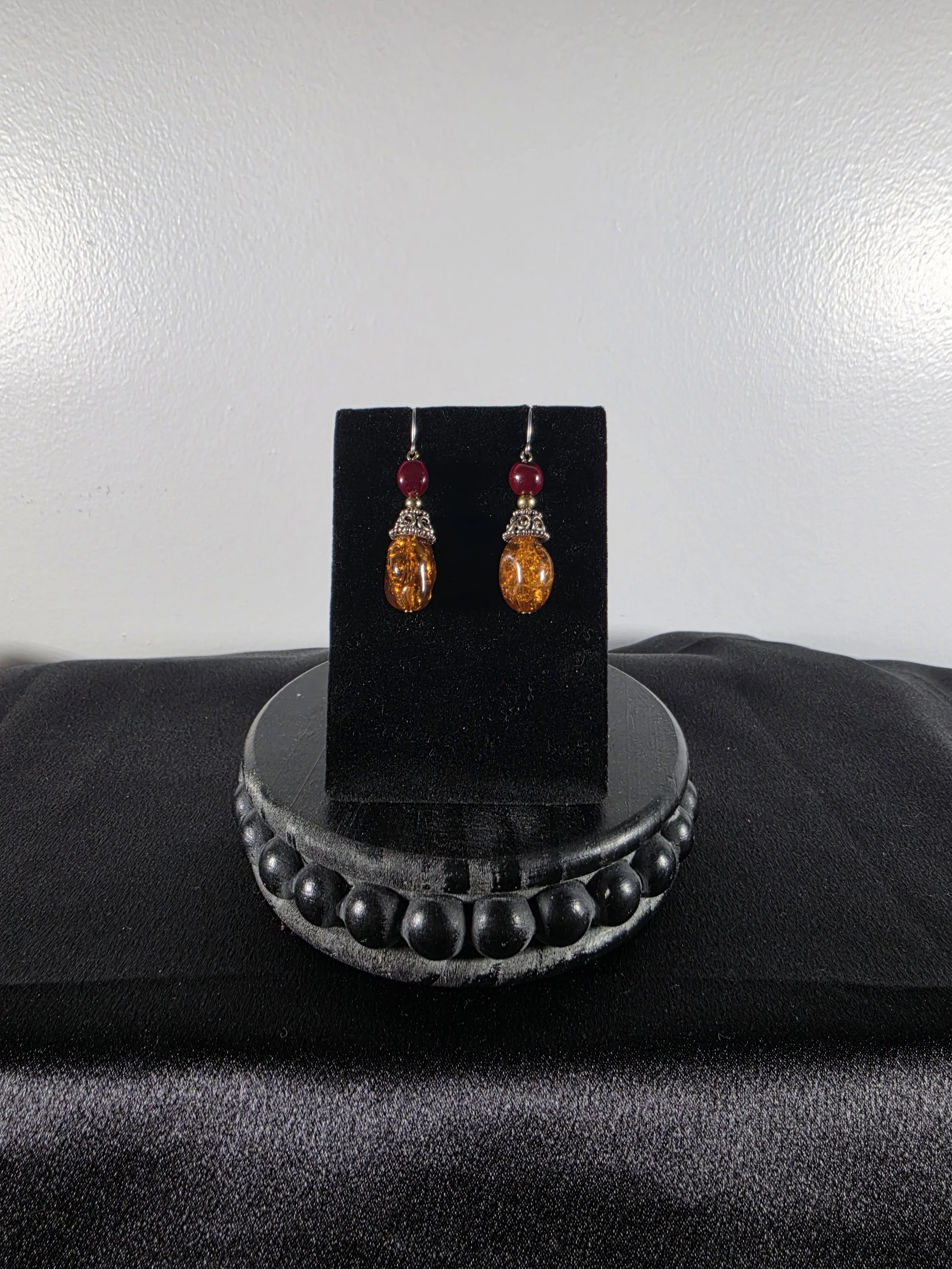 Amber Glow & Ruby Bead Dangle Earrings