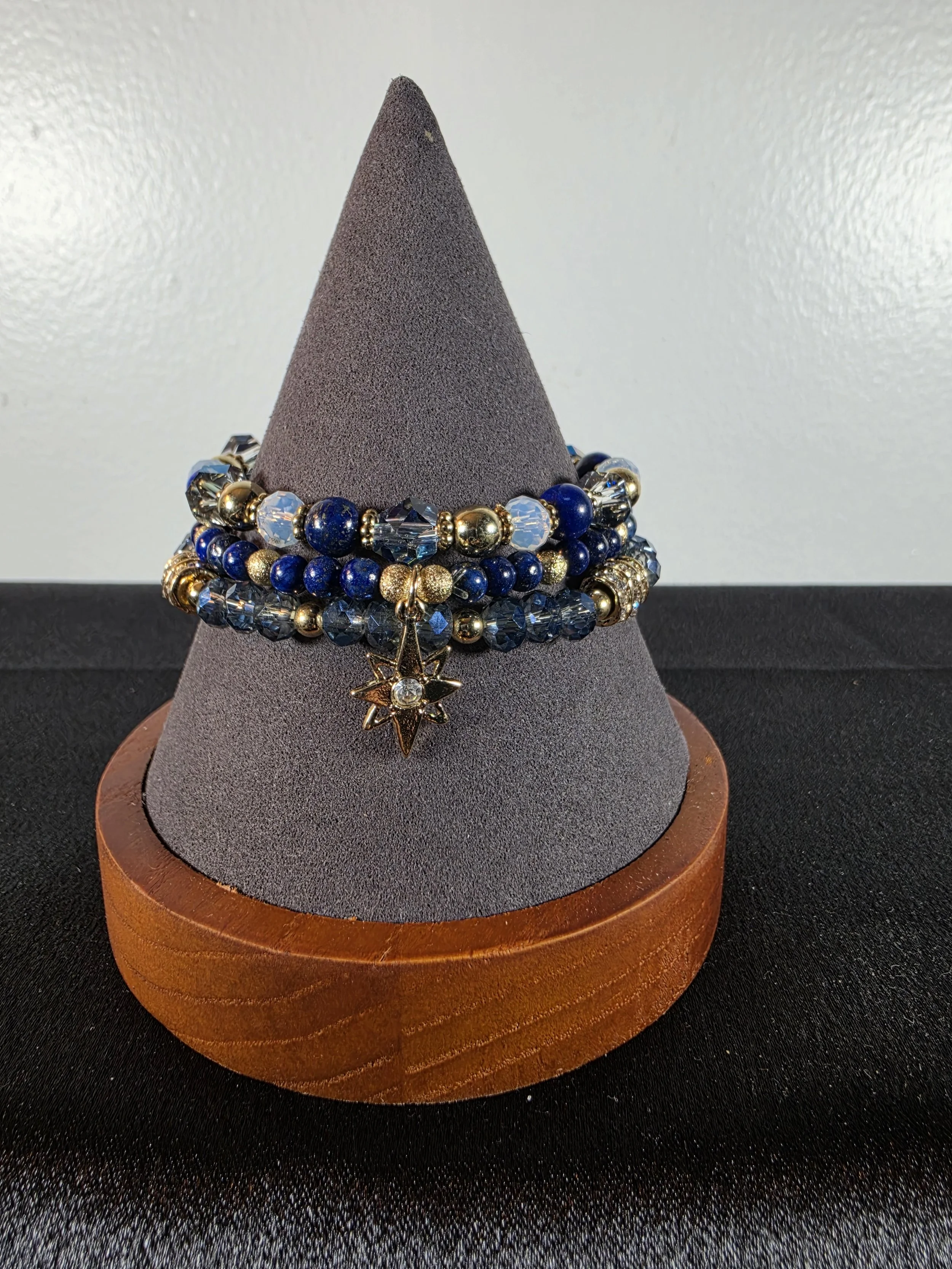 Blue Beaded Bracelet Set | 3-Piece Stretch Bracelet Stack | Gold & Crystal Star Charm Bracelet Trio