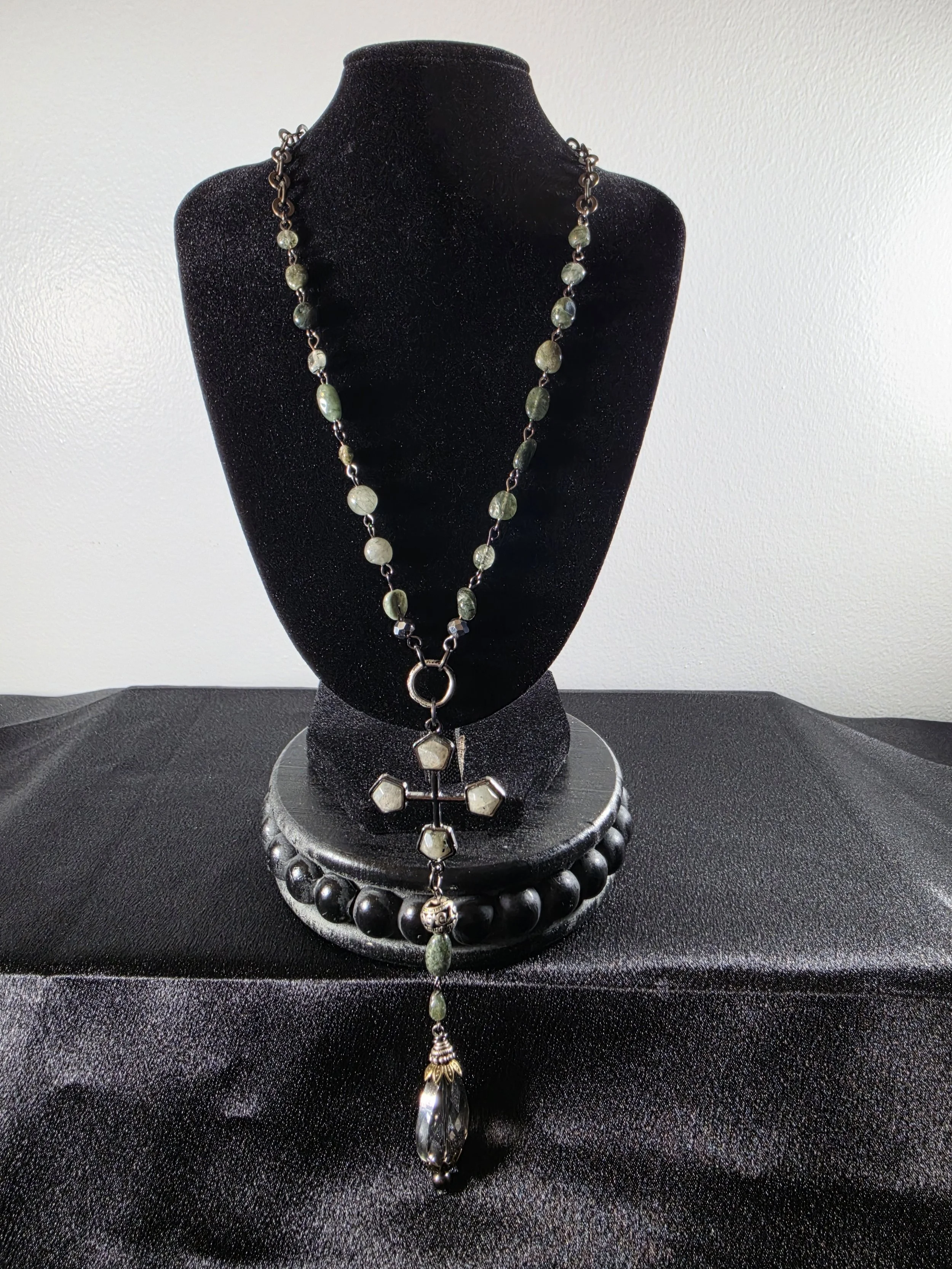 Green Stone Cross Pendant Necklace
