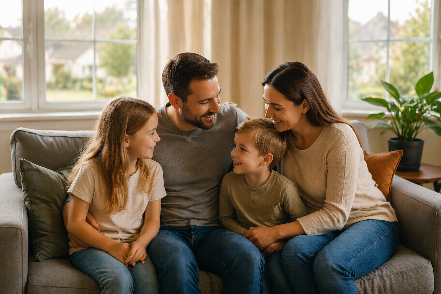 Family sitting together in a living room
