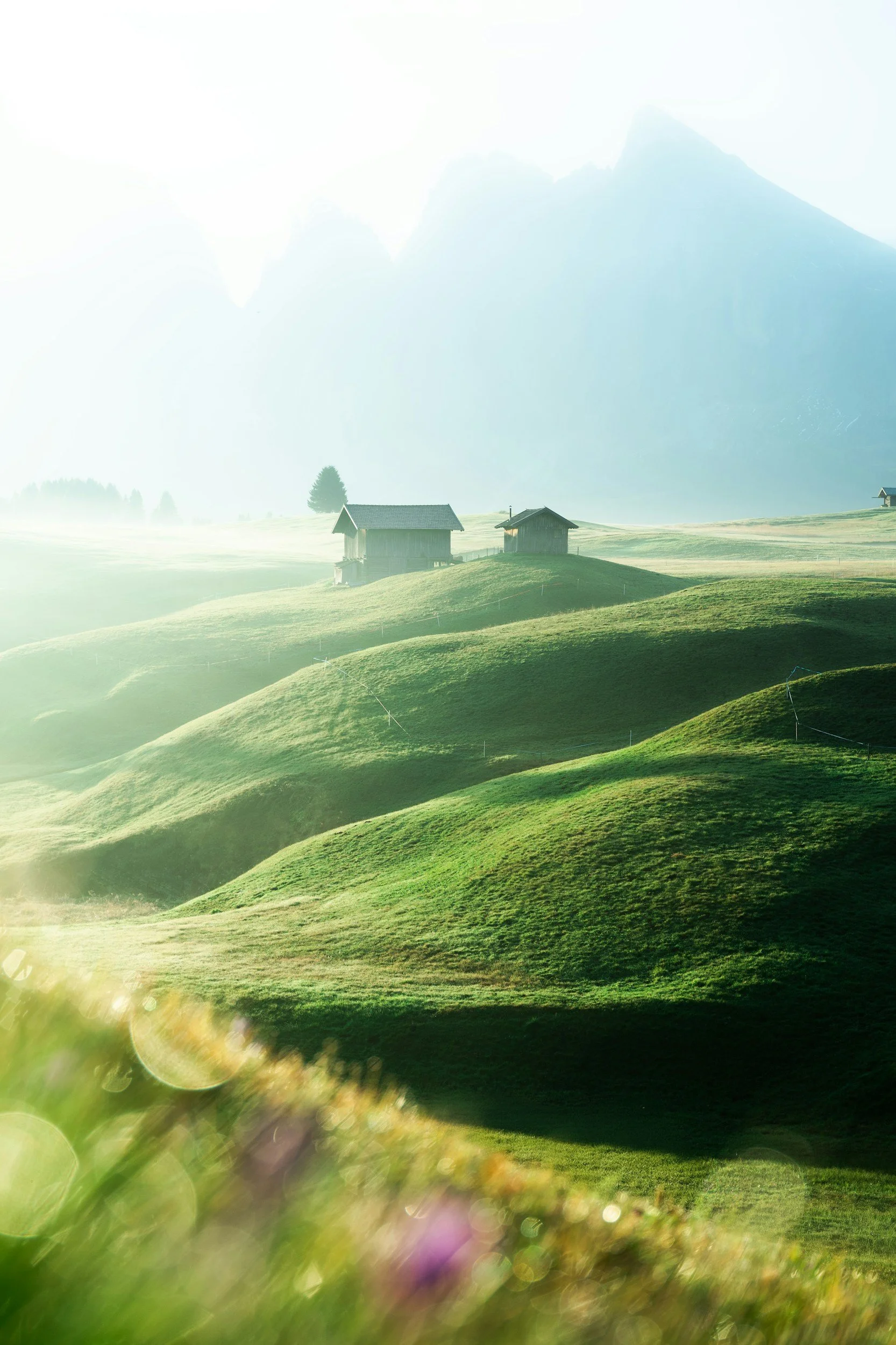 Scenic view of rolling green hills with small wooden houses, mountains in the background, and a hazy sky.
