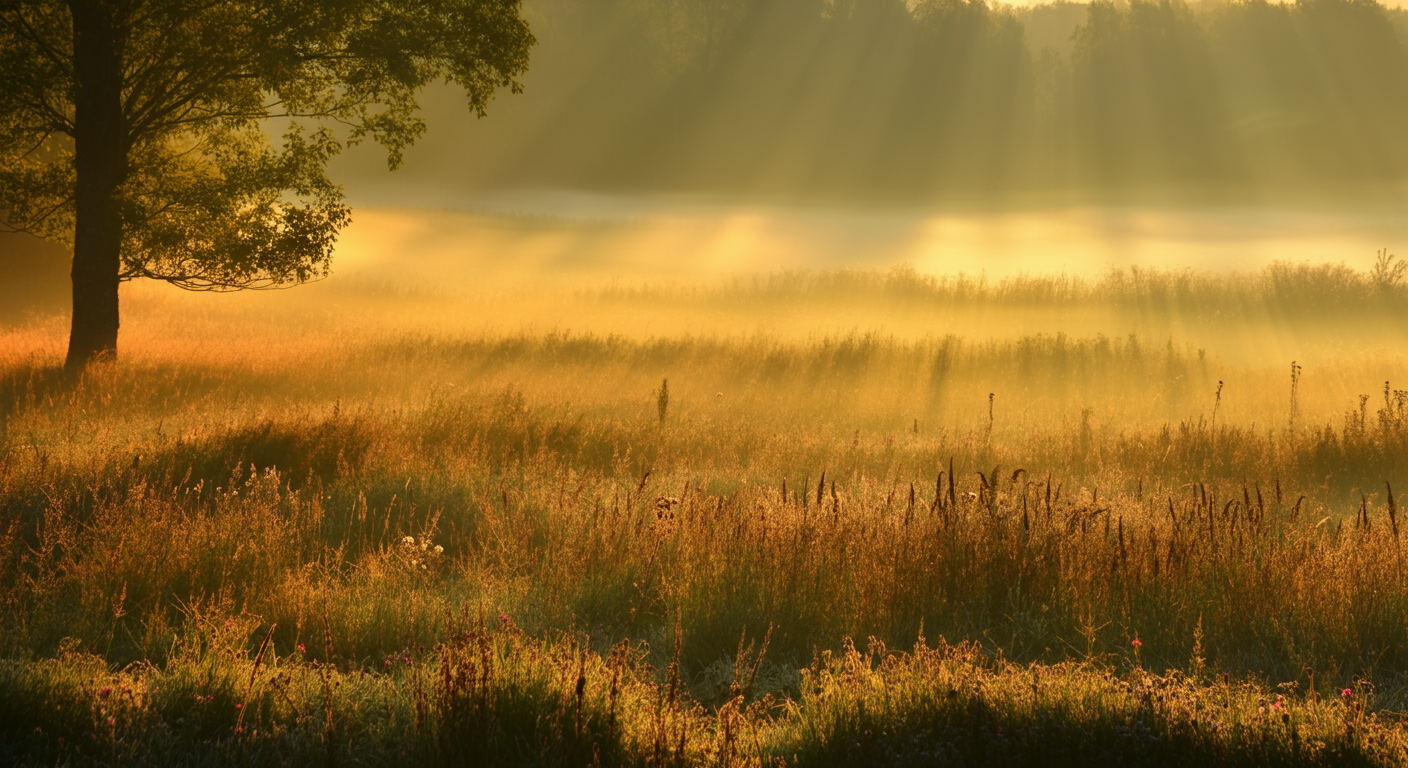Sunlight streams through trees onto a misty field of tall grasses and wildflowers at sunrise or sunset.