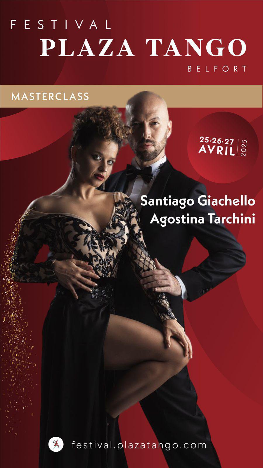Affiche promotionnelle pour le Festival Plaza Tango à Belfort, les 25, 26, 27 avril 2025, avec les danseurs Santiago Giachello et Agostina Tarchini  tango argentin