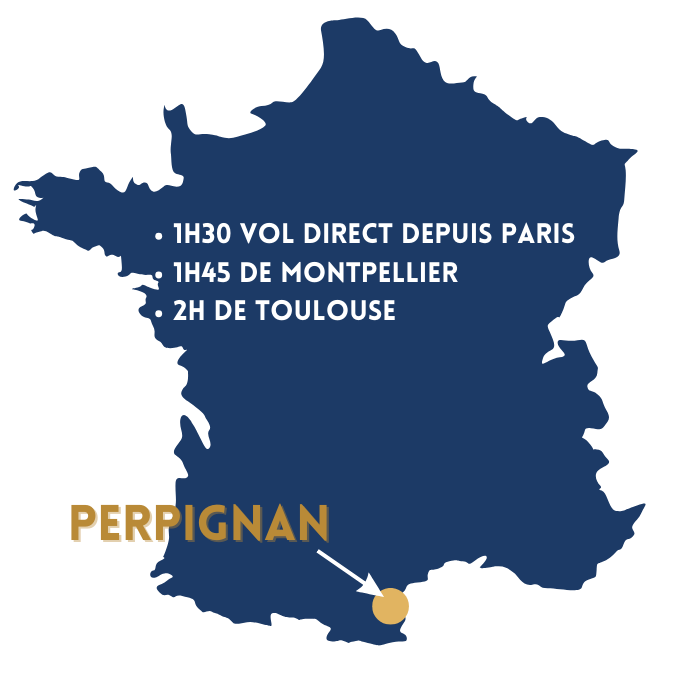 Carte de France indiquant les horaires de vol vers Perpignan depuis Paris, Montpellier et Toulouse.