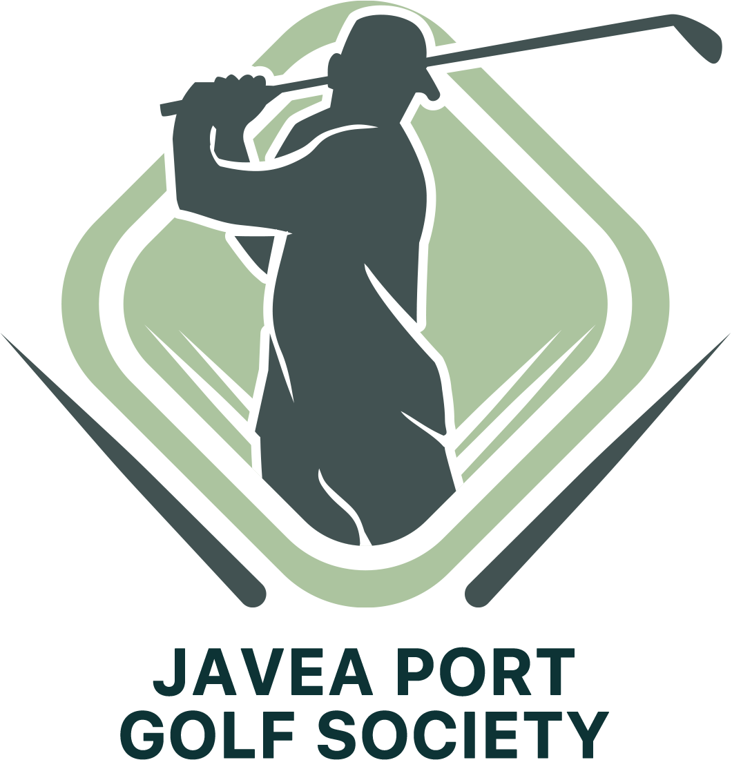 Silhouette of a female golfer swinging a golf club inside a stylized green and white diamond shape. Text below reads 'JAVEA PORT GOLF SOCIETY'.
