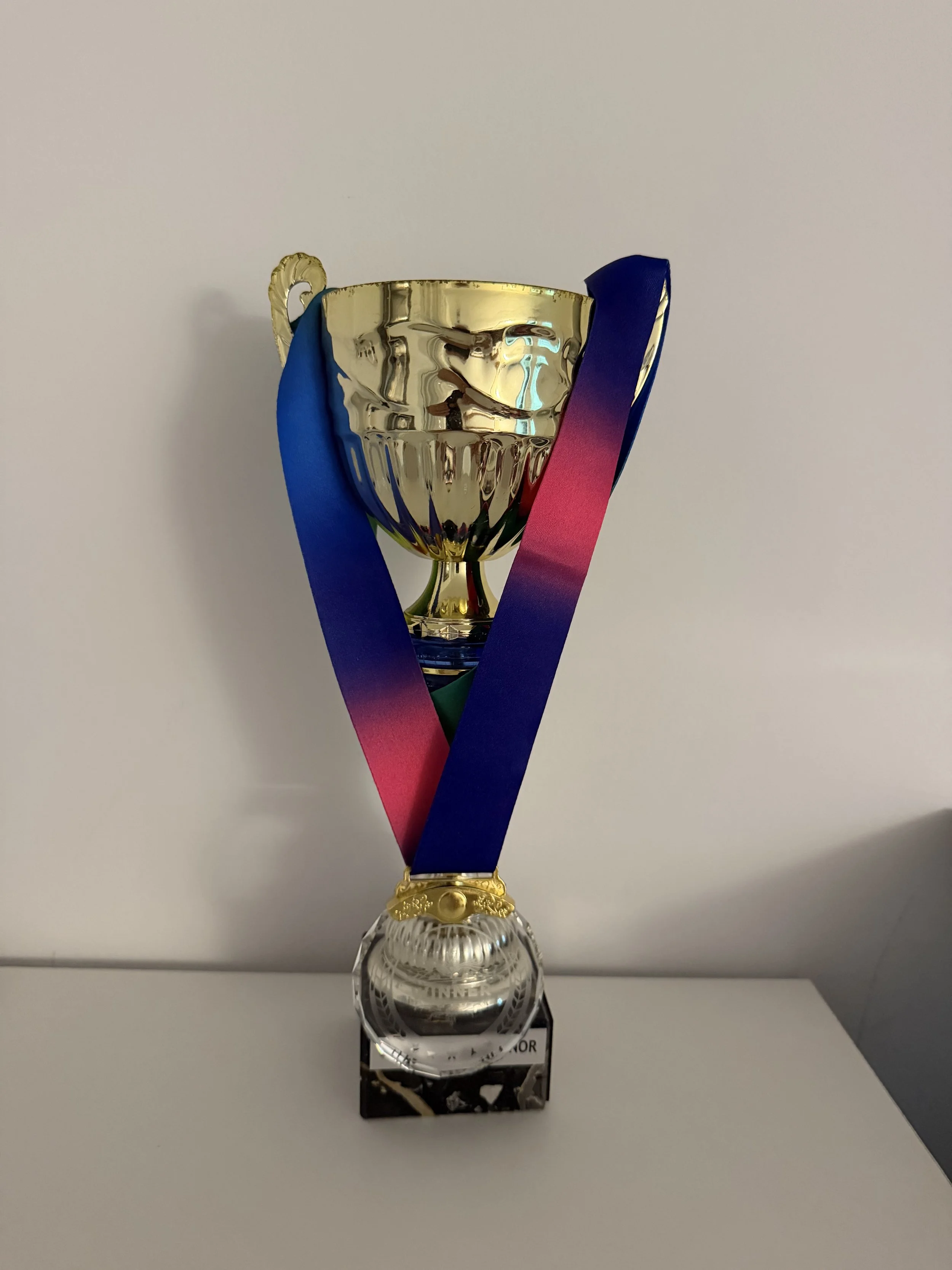 A gold trophy cup with blue and pink ribbons attached, sitting on a black and white base, against a plain, light gray background.