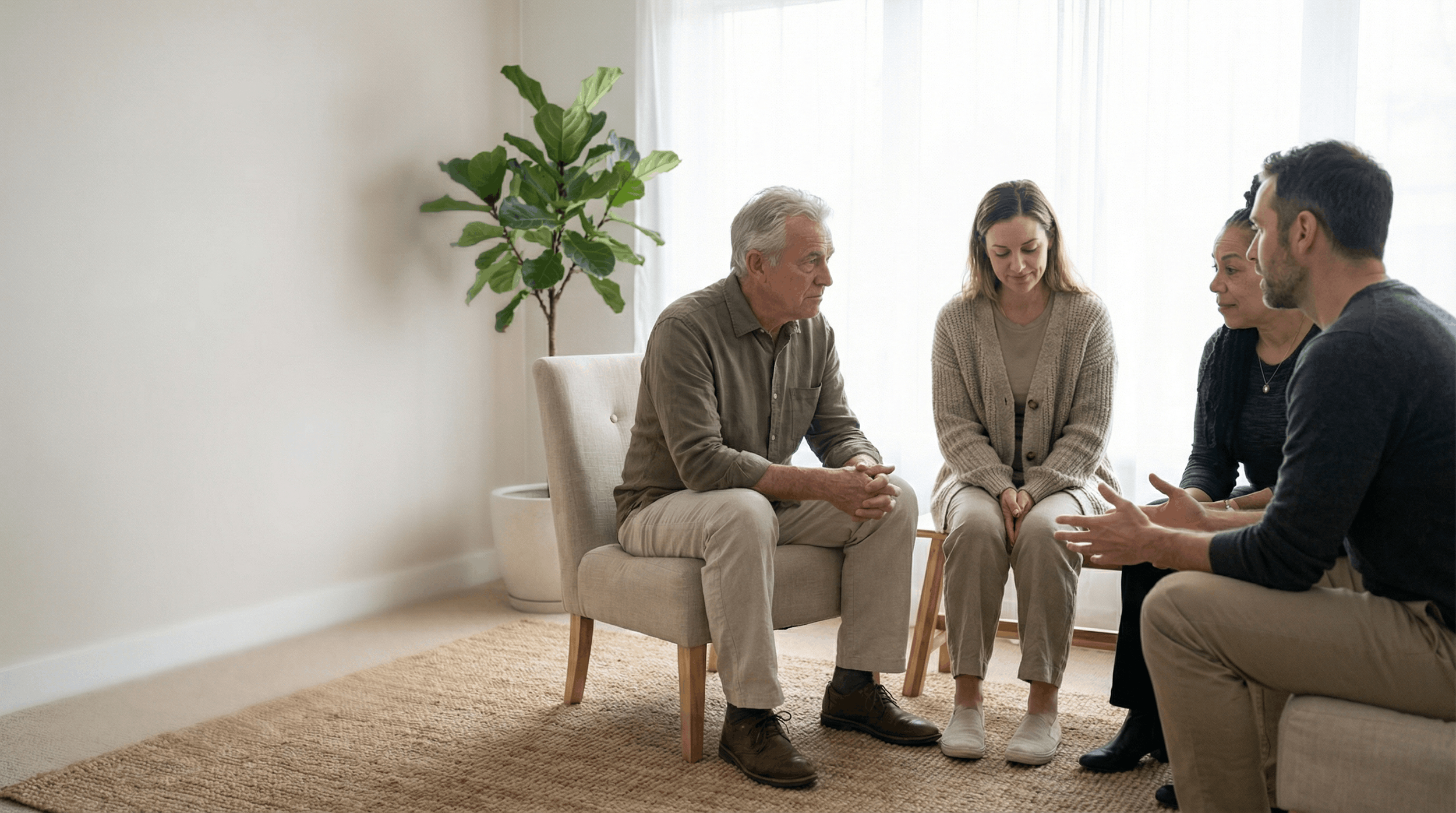 A group therapy session with five people, seated in a semi-circle in a bright, minimalistic room with a potted plant and sheer curtains, engaged in conversation.