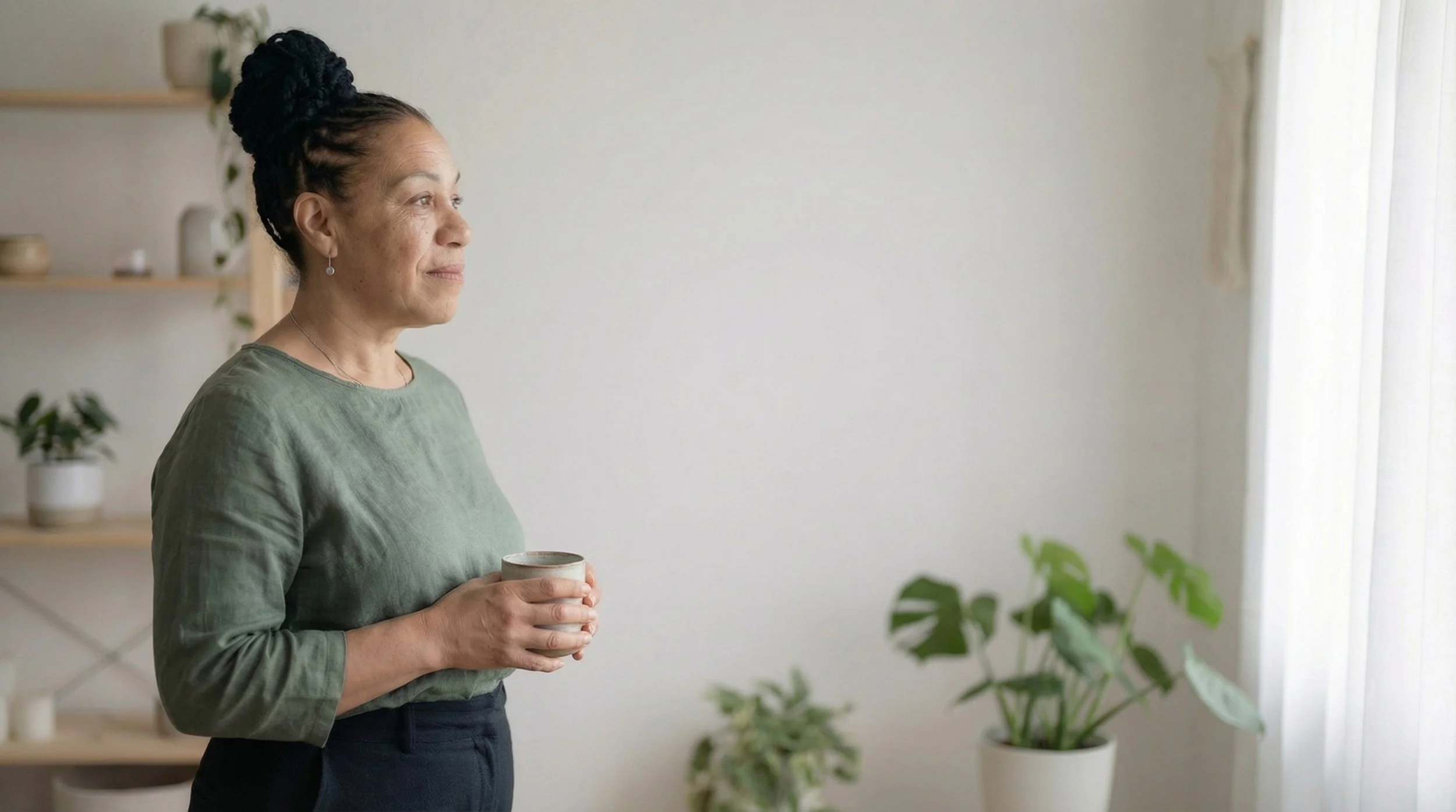A middle-aged woman with dark braided hair in an updo, wearing a green long-sleeved shirt and earrings, holding a cup, standing in a well-lit room with plants and minimalist decor, looking out a window.